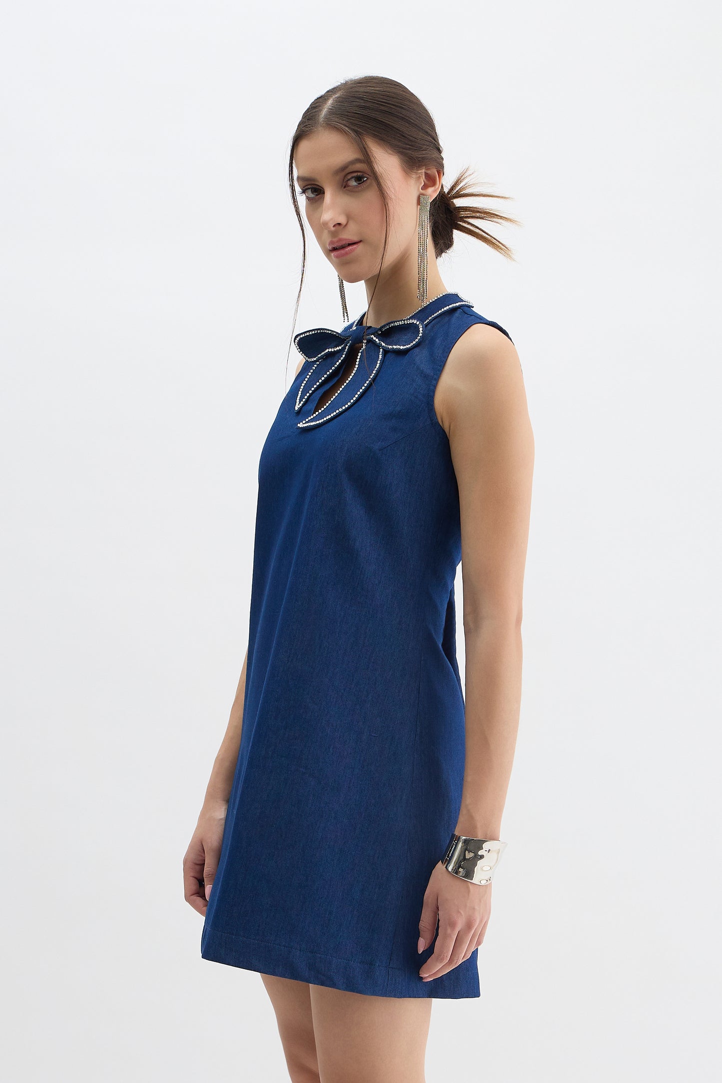 Midnight Blue Dress with Crystal Bow Cut-Out