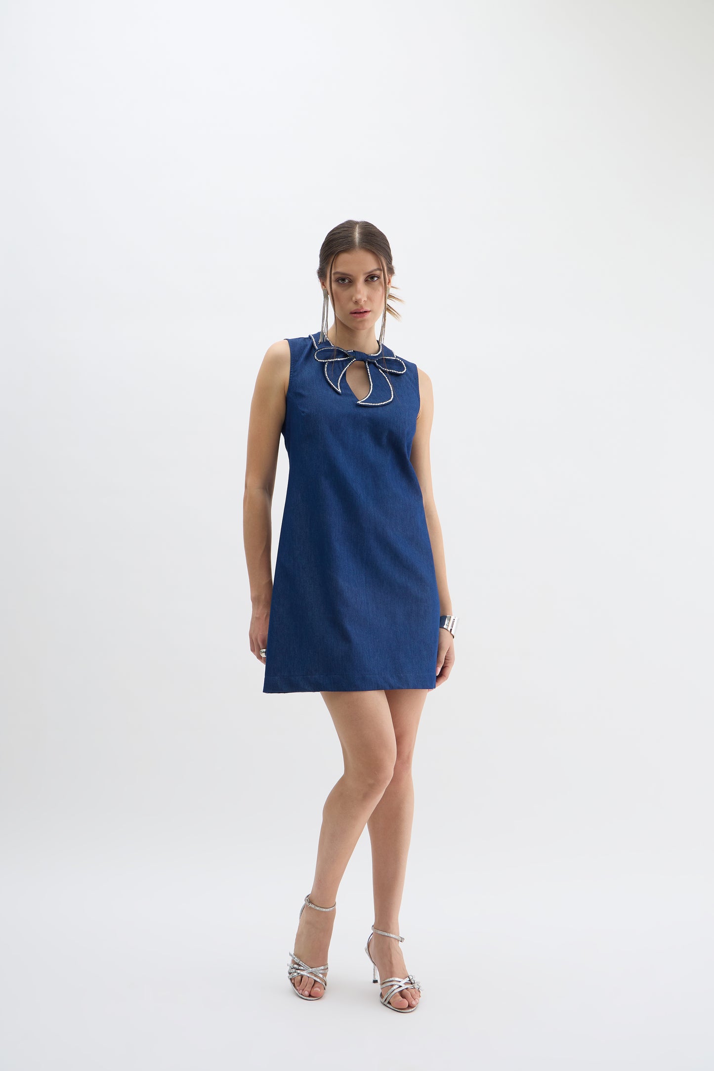 Midnight Blue Dress with Crystal Bow Cut-Out