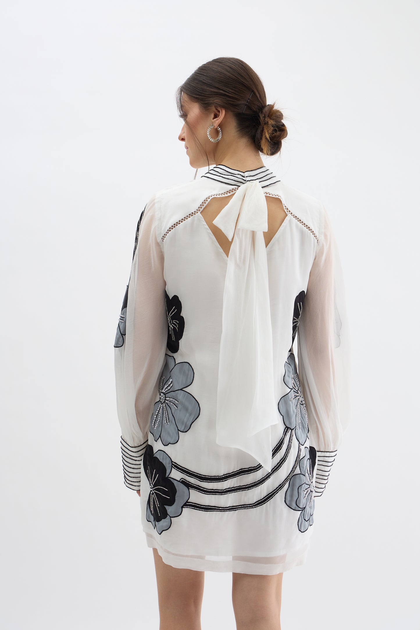 Monochrome Floral Embroidered Sheer Sleeve Dress