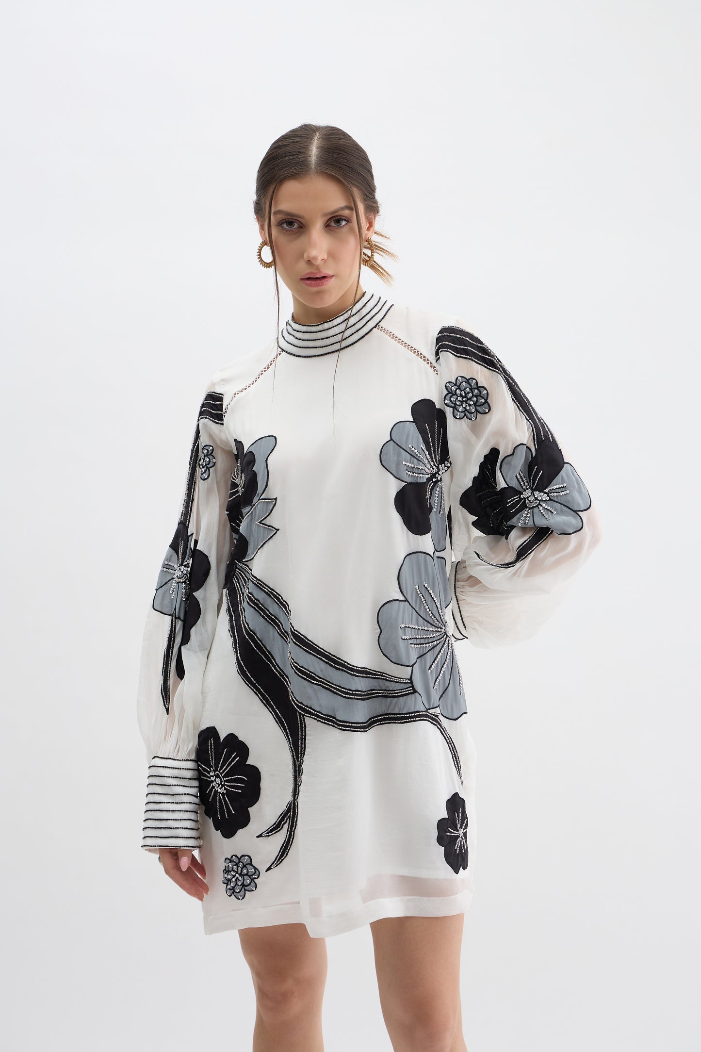 Monochrome Floral Embroidered Sheer Sleeve Dress