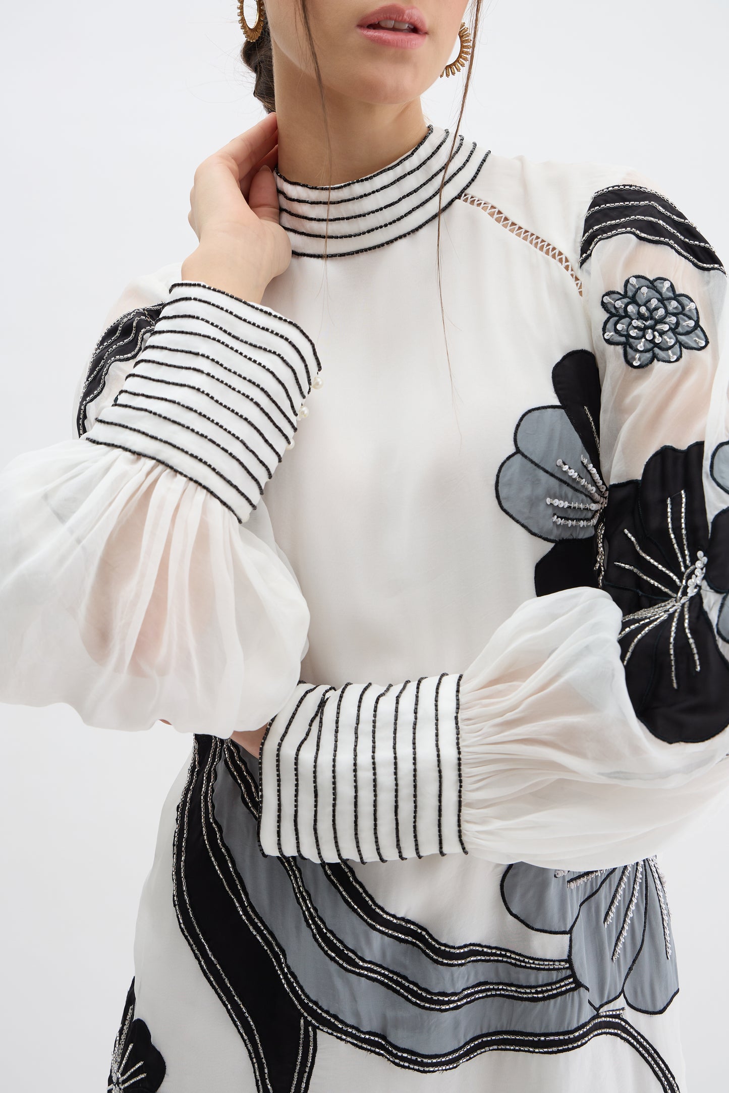 Monochrome Floral Embroidered Sheer Sleeve Dress
