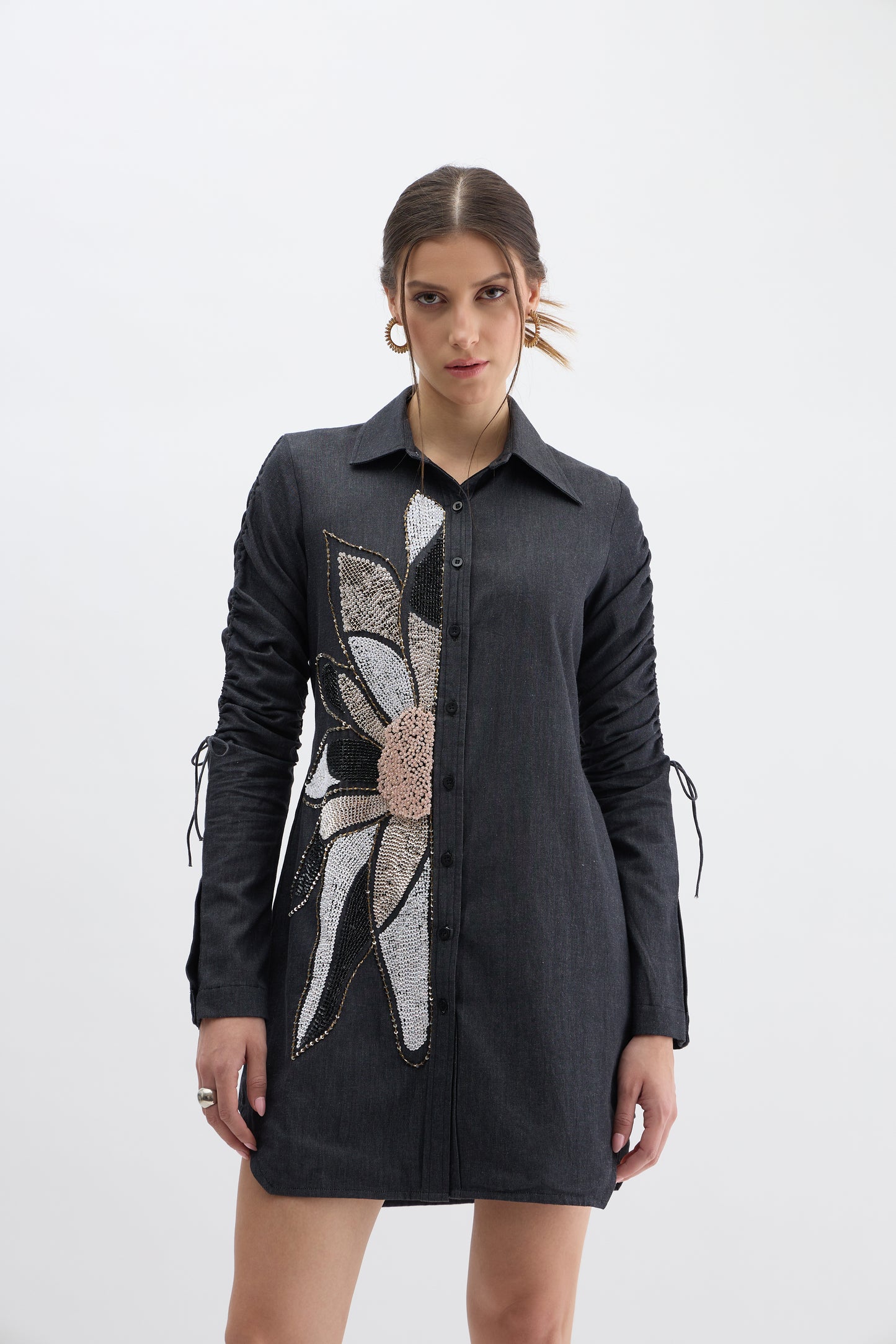 Midnight Bloom Embellished Denim Shirt Dress