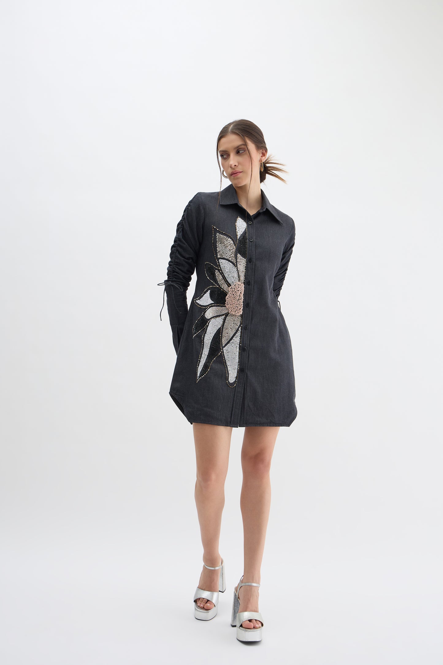 Midnight Bloom Embellished Denim Shirt Dress