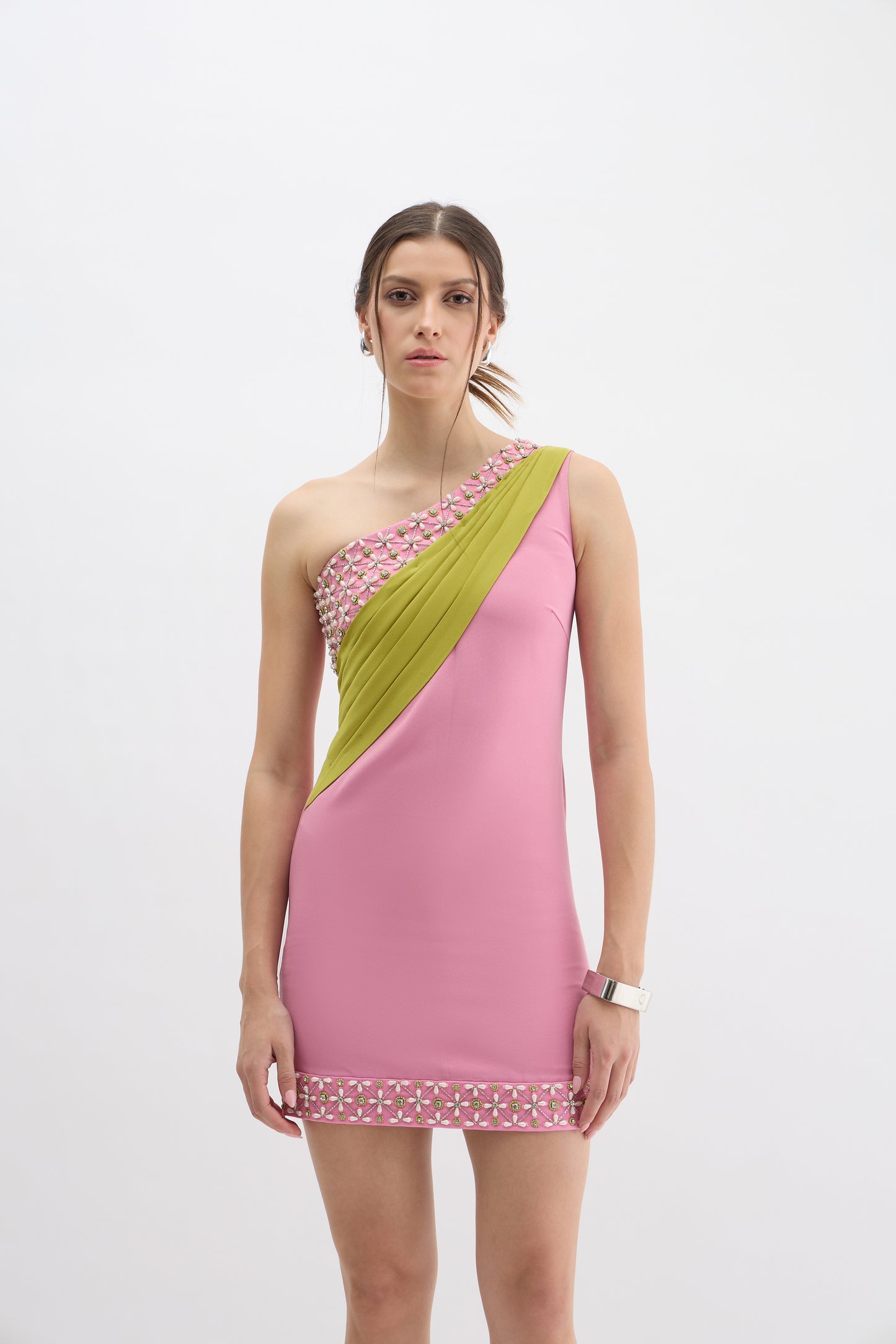 Sunset Bloom One-Shoulder Embellished Mini Dress