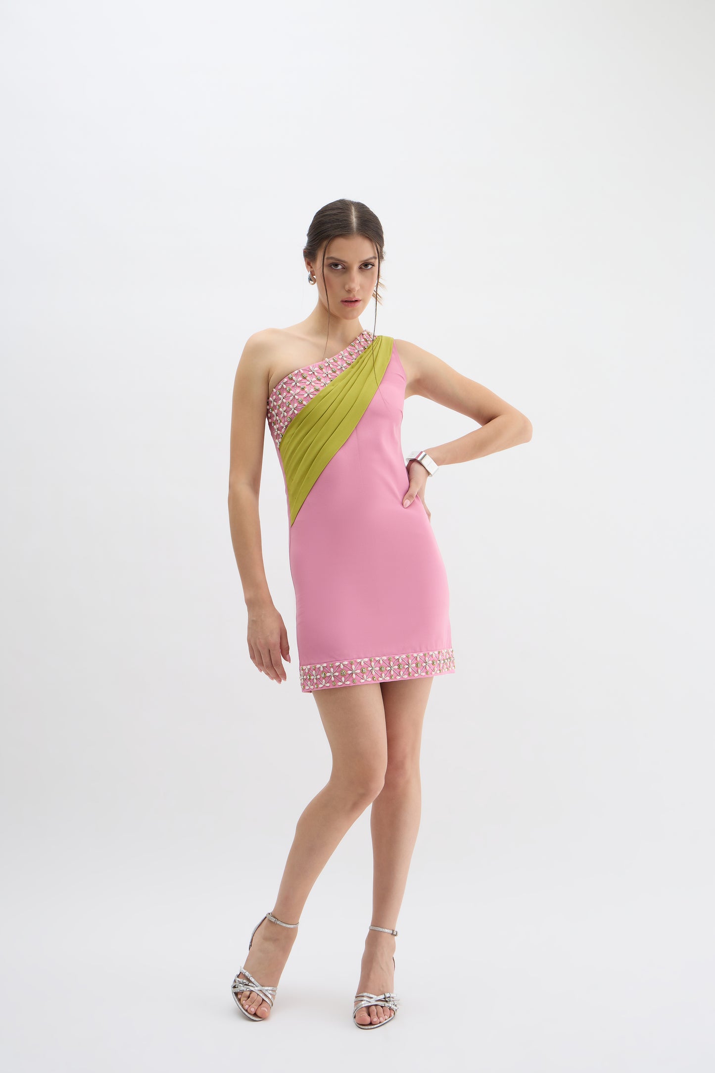 Sunset Bloom One-Shoulder Embellished Mini Dress