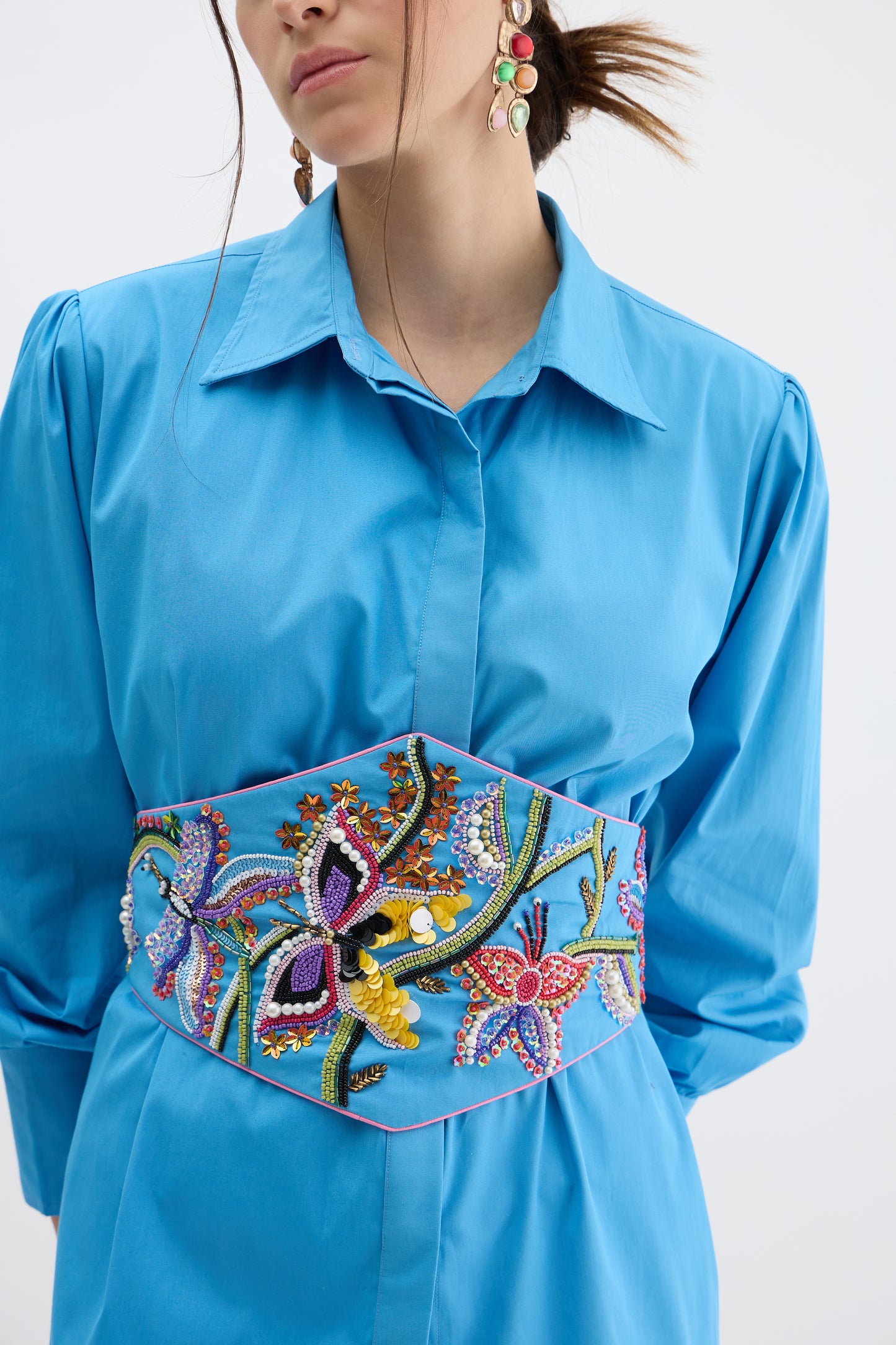 Azure Bloom Embroidered Waist Shirt