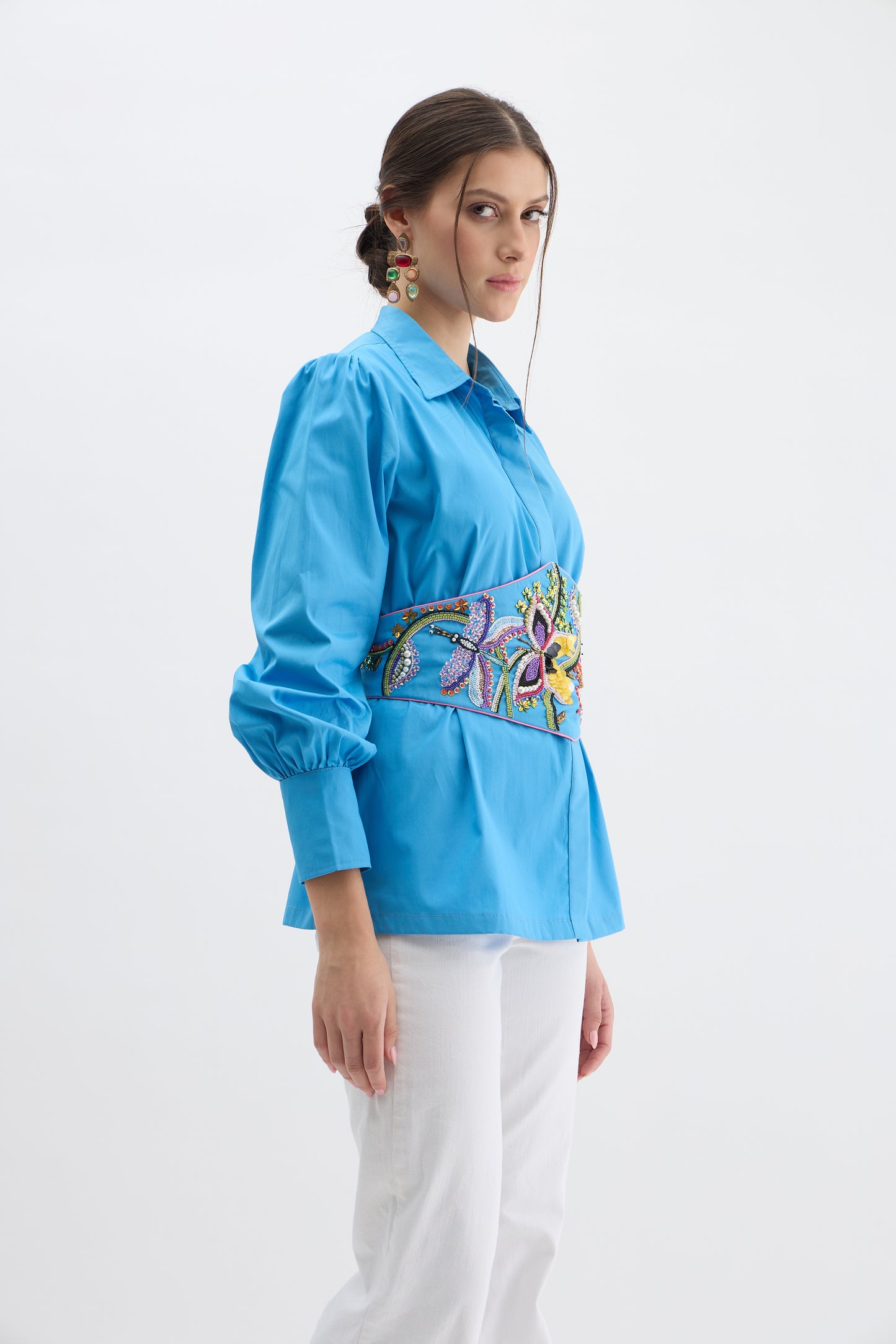 Azure Bloom Embroidered Waist Shirt
