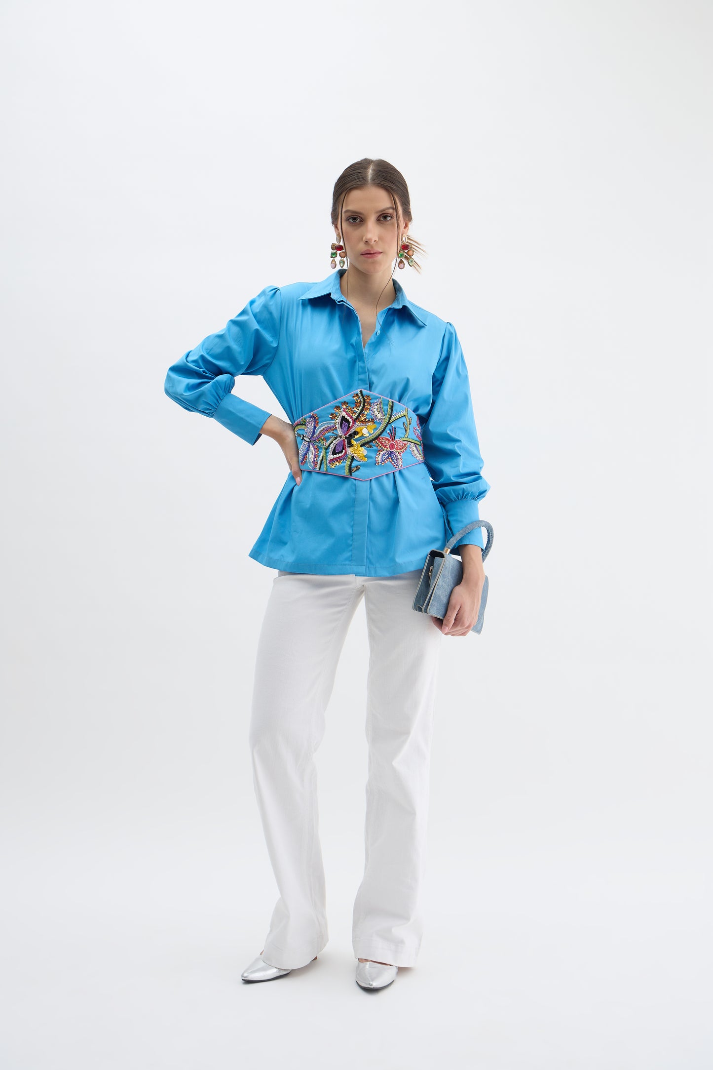 Azure Bloom Embroidered Waist Shirt
