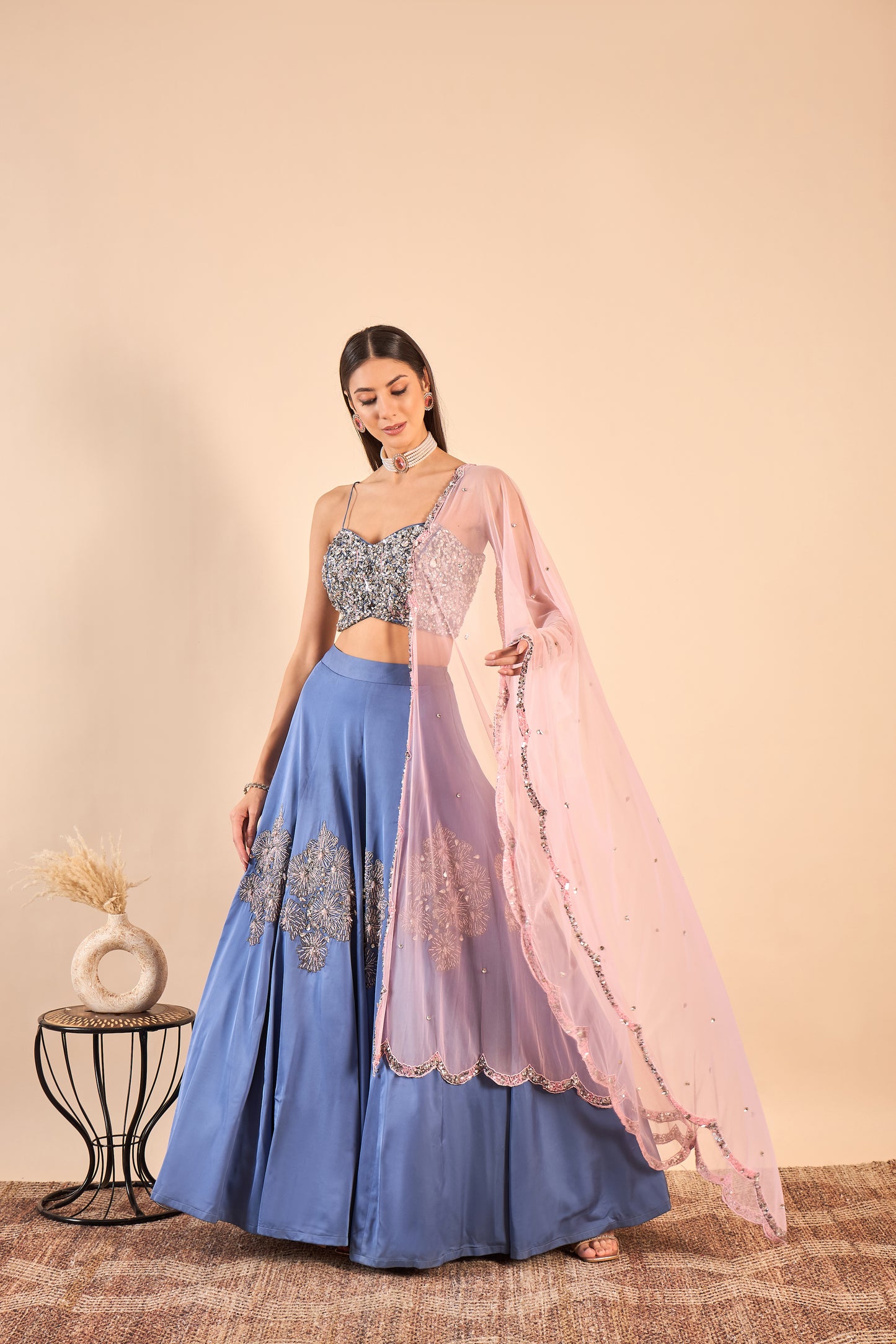 Satin Lehenga with Extensive Hand Embroidery