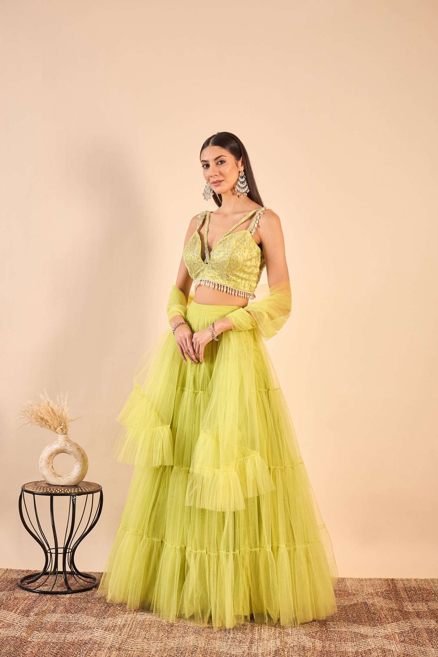 Ruffled Net Lehenga with Embroidery