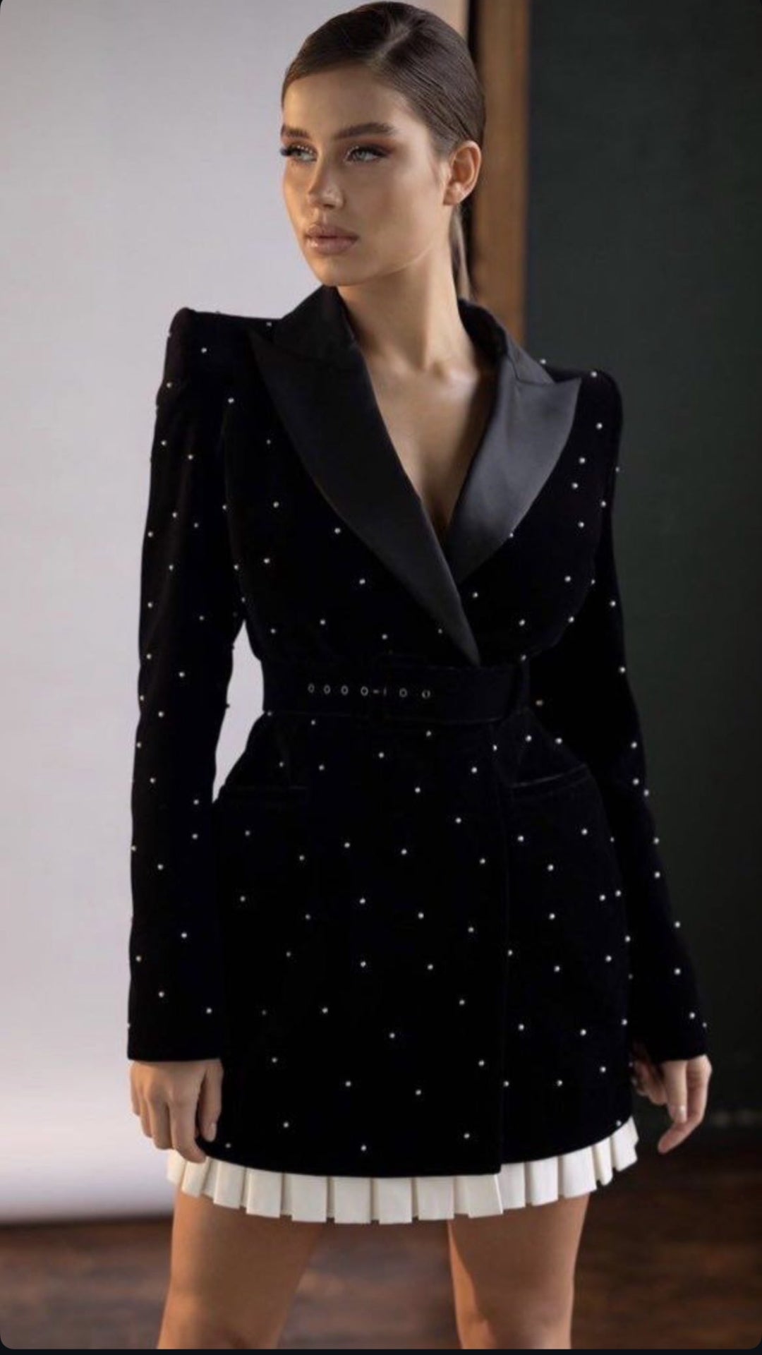 Black Coat Dress with Pearls and Pleats