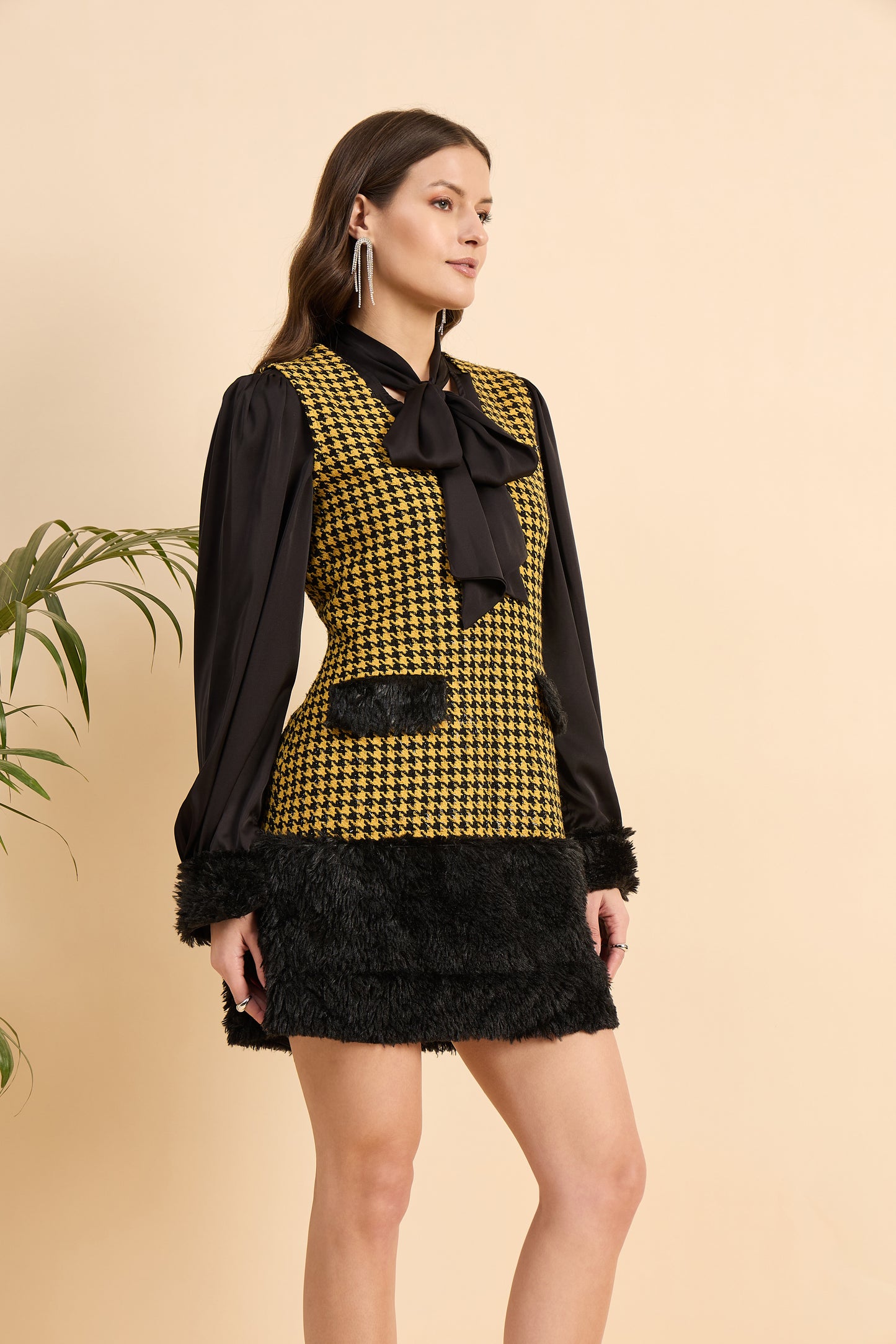Royal Houndstooth Faux Fur Dress