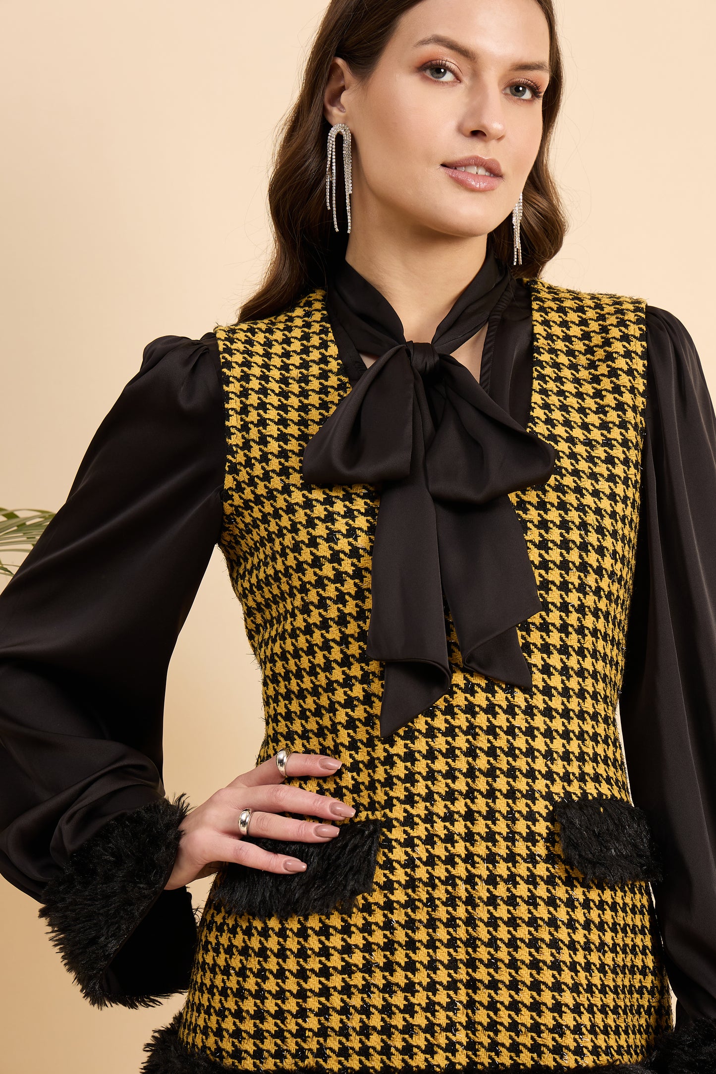 Royal Houndstooth Faux Fur Dress