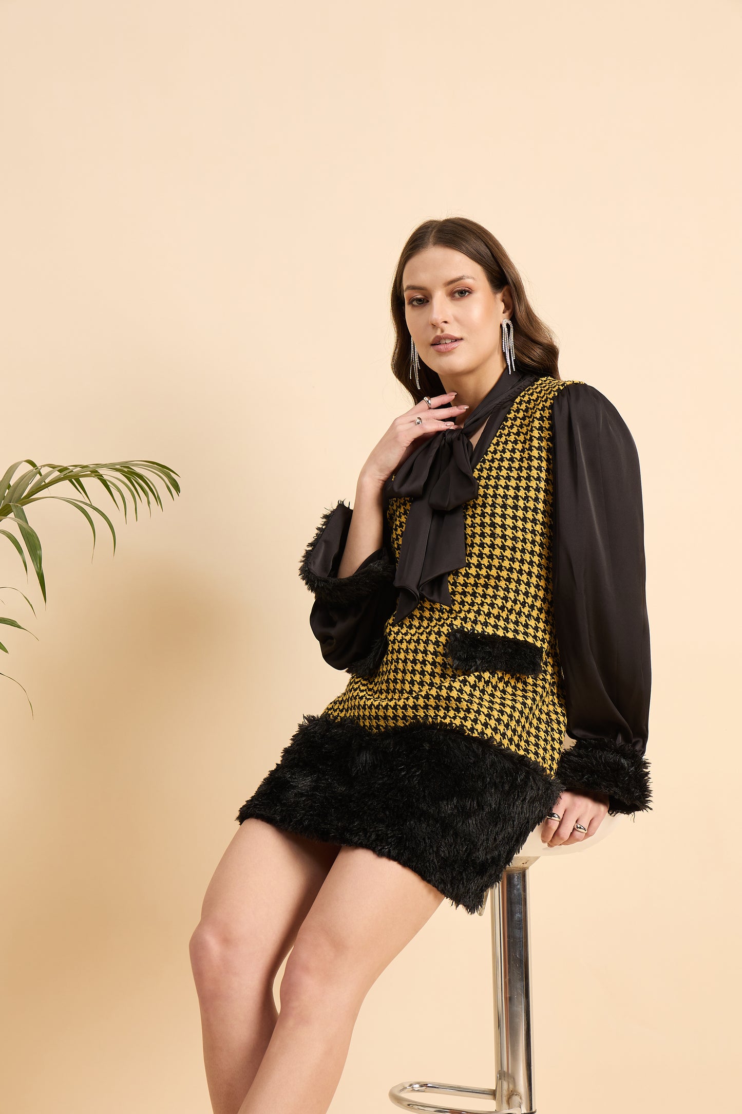 Royal Houndstooth Faux Fur Dress