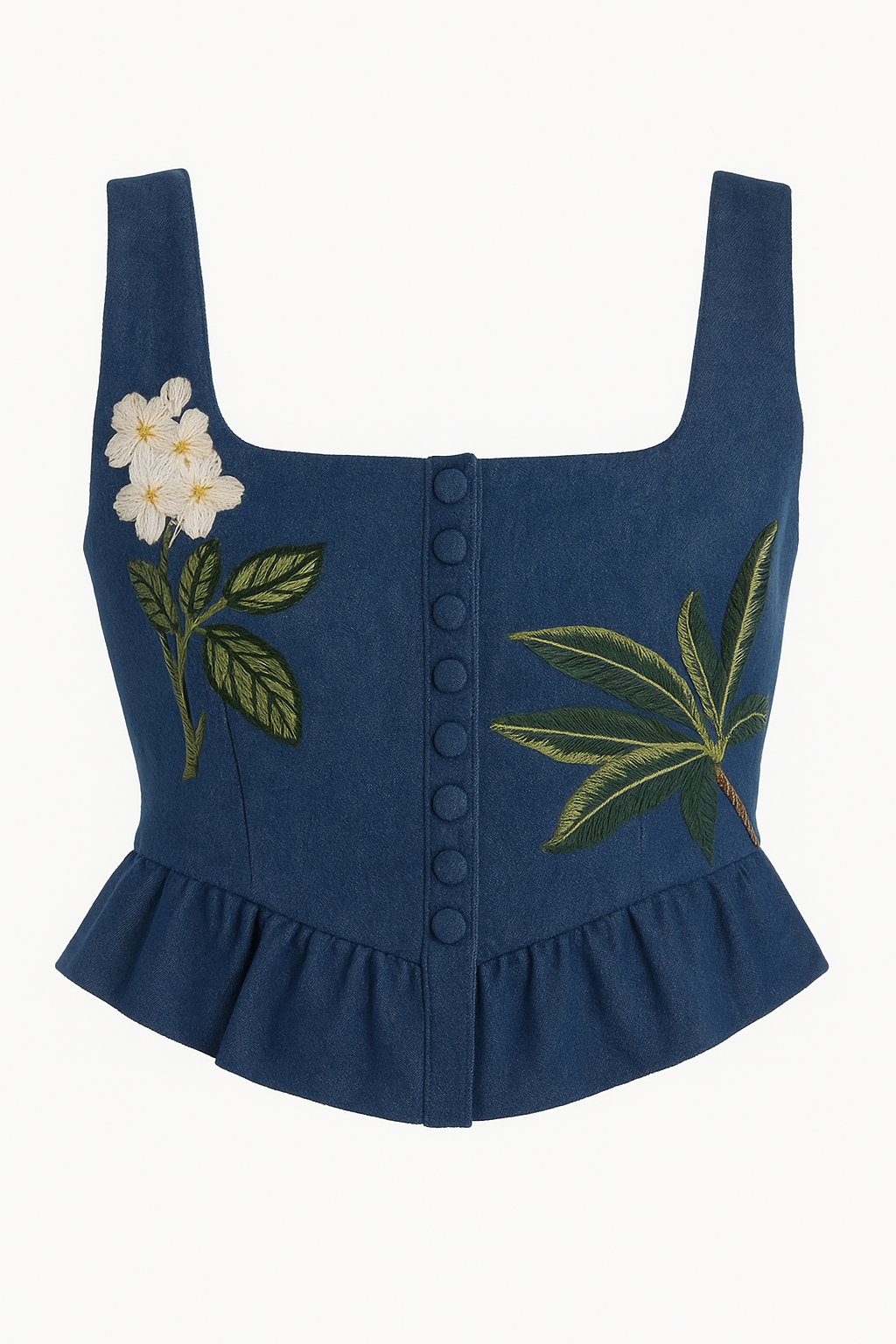 Denim Blue Top with Botanical Embroidery