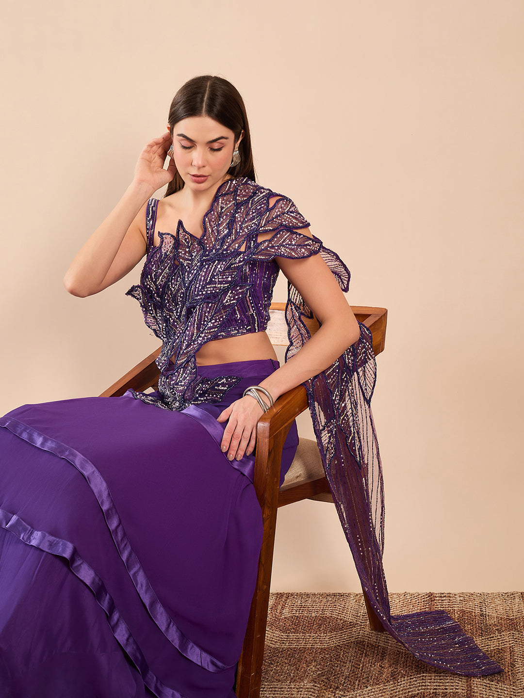 Designer Drape Skirt and Bustier with Cutwork Embroidered Dupatta Detailing Saree