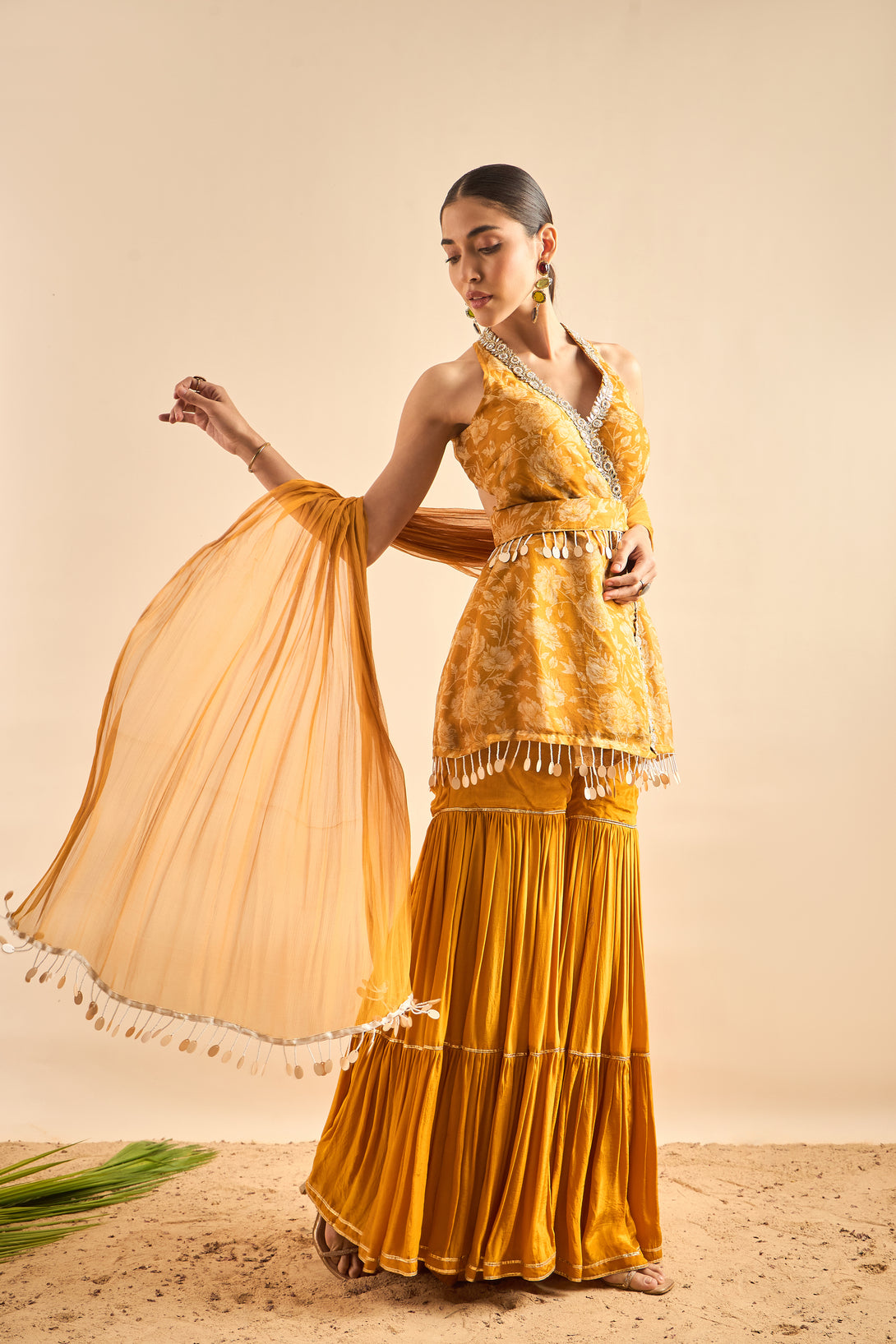 Chic Sharara Set with Halter Neck Kurta and Belted Waist