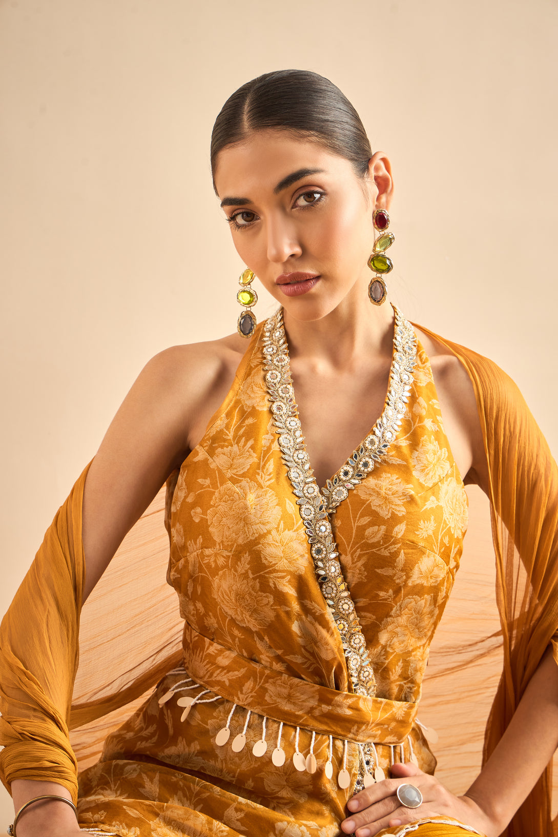 Chic Sharara Set with Halter Neck Kurta and Belted Waist