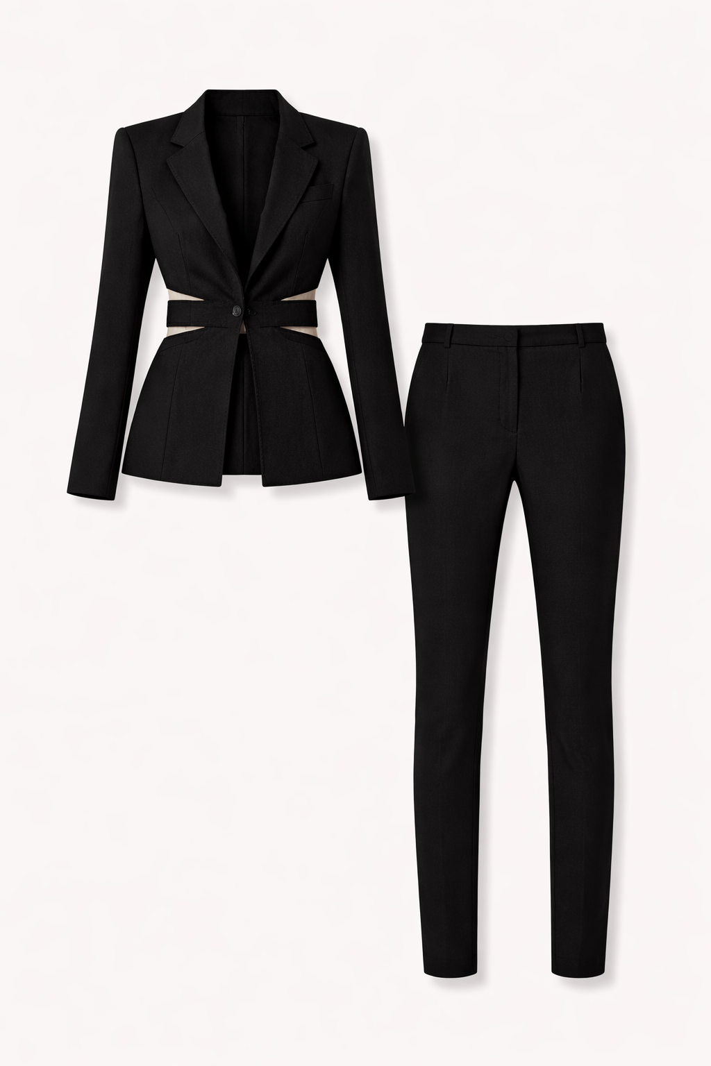 Plain Black Coat with Cut-Outs and Straight Pants - NZC39