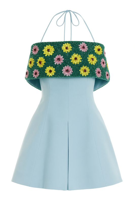 Powder Blue Dress with Embellished Floral Cape Neck