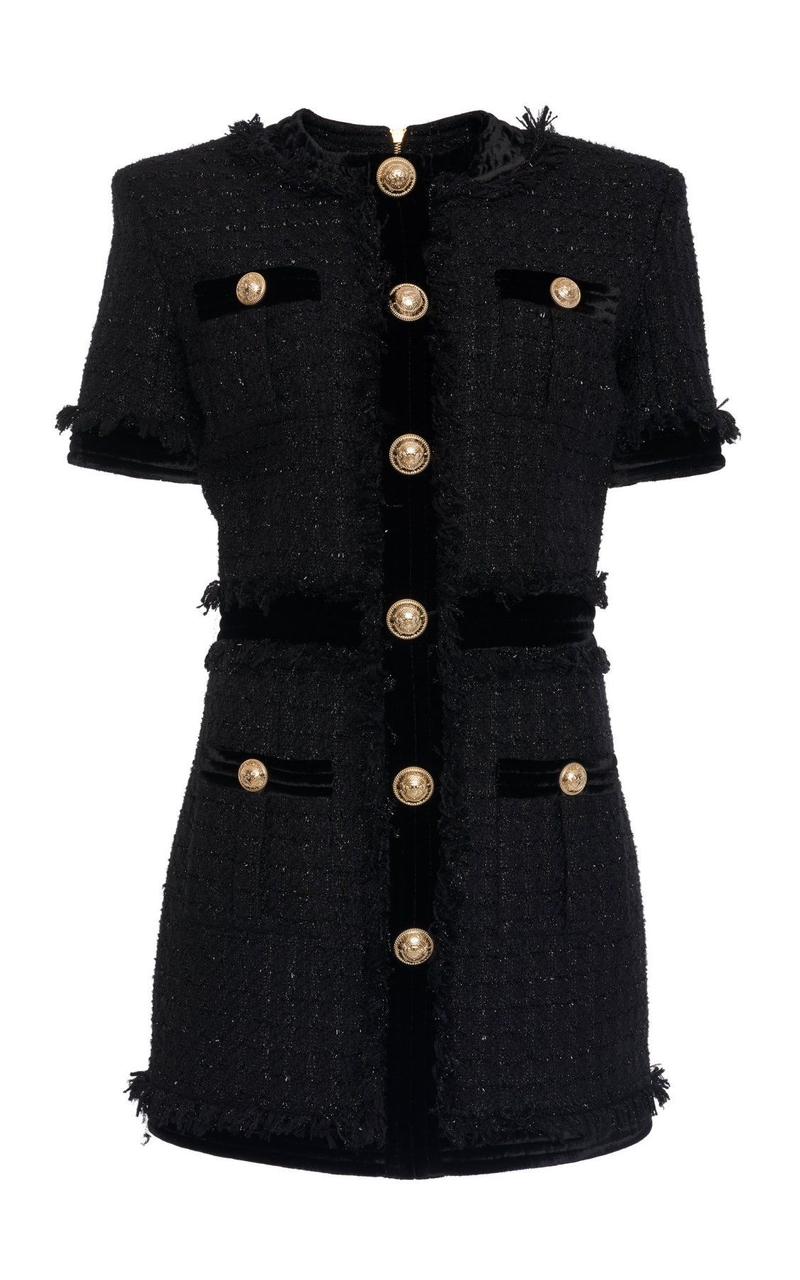 Black Dress with Gold Buttons and Hand Embroidery Detailing