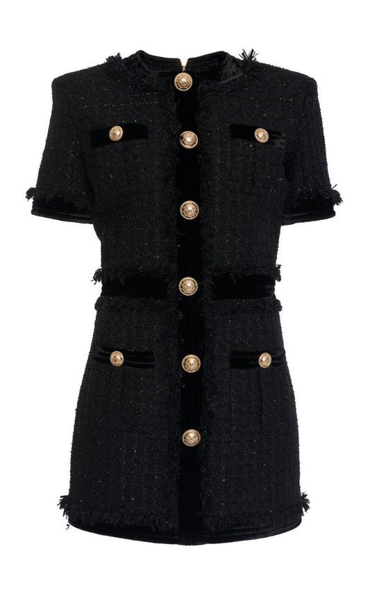 Black Dress with Gold Buttons and Hand Embroidery Detailing