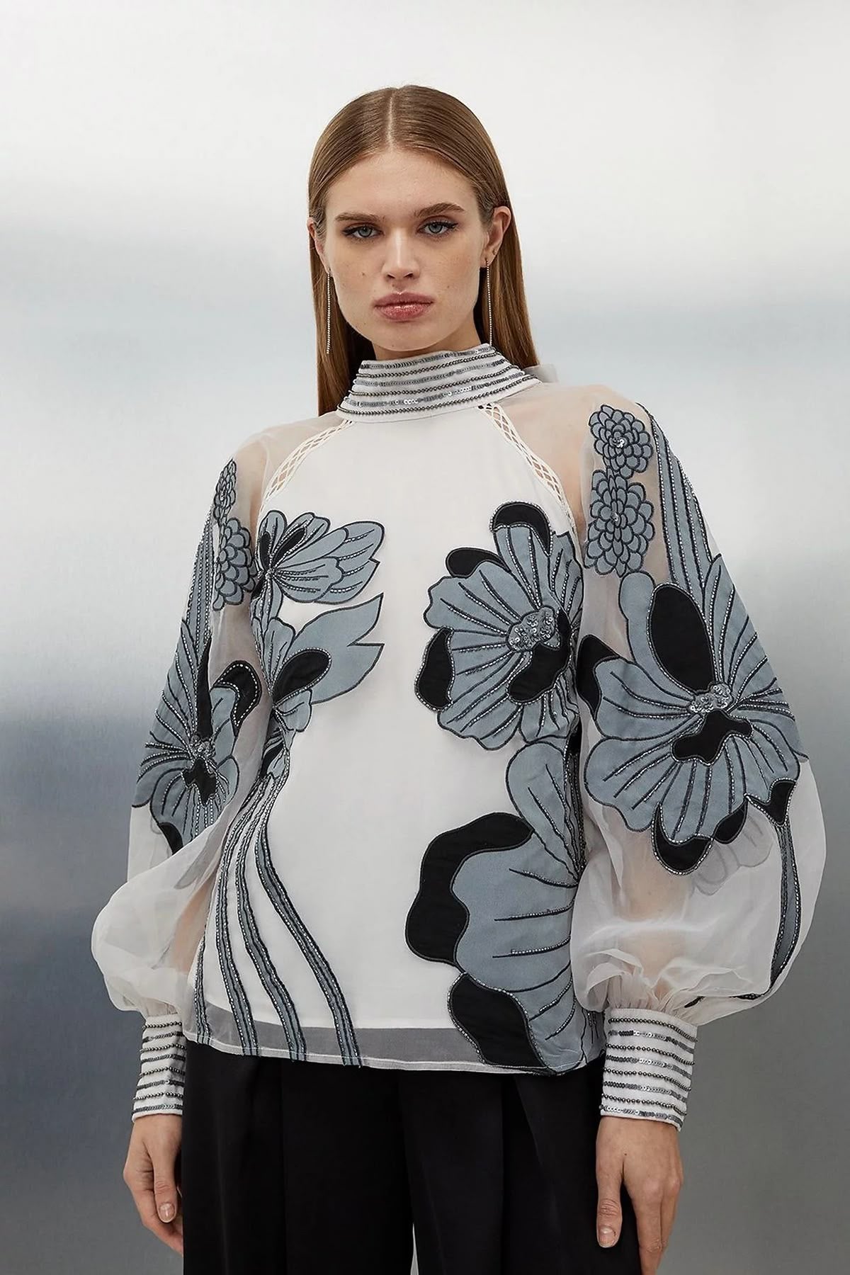 Embroidered Sheer Organza Top with Floral Appliqué