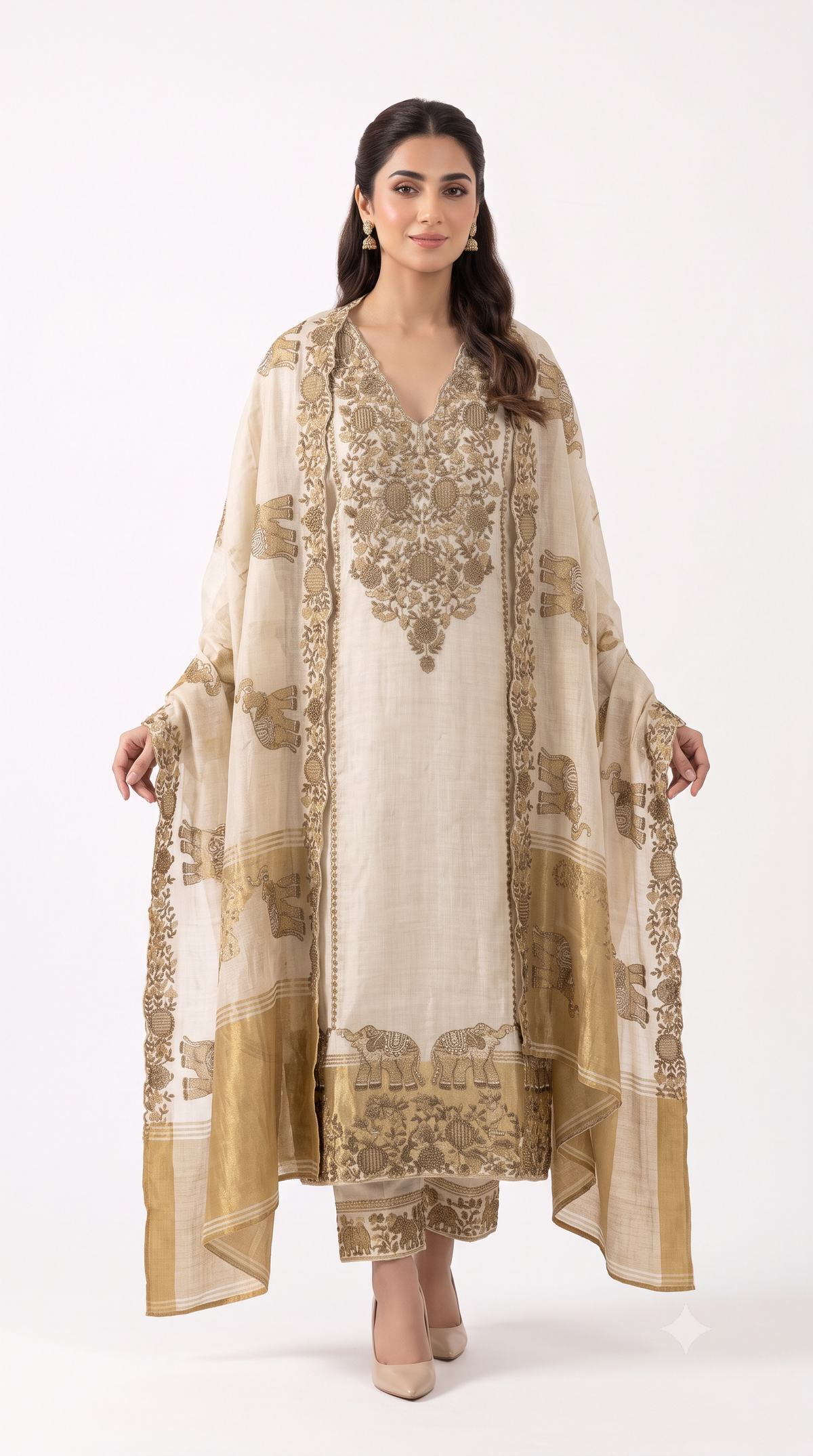 Ivory Gold Elephant Motif Embroidered Suit Set