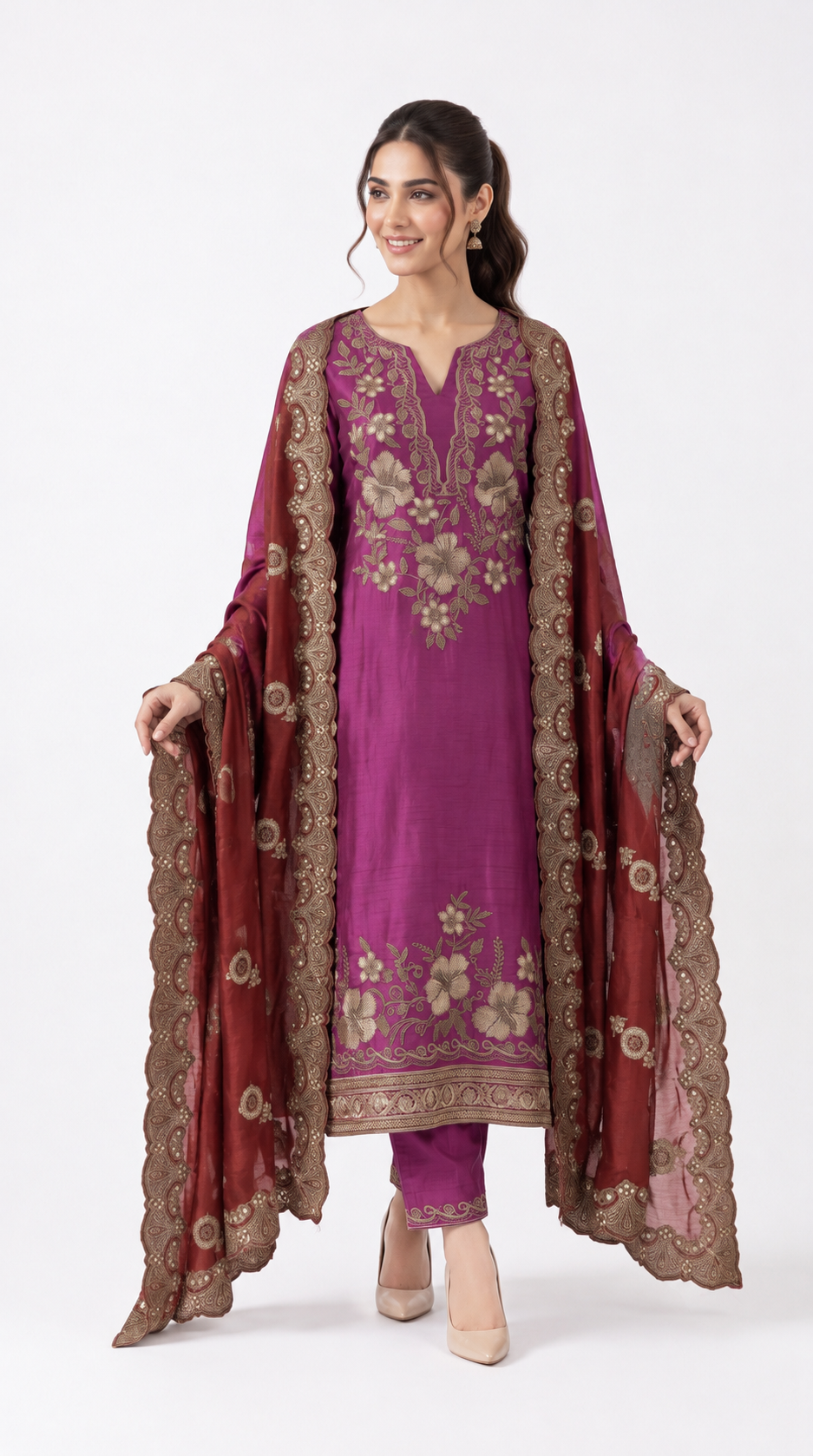 Magenta & Maroon Embroidered Suit Set