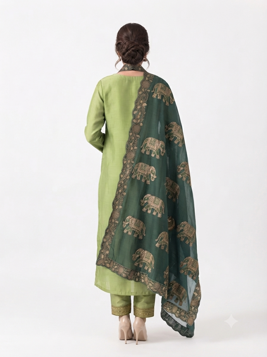 Olive Green & Emerald Elephant Motif Embroidered Suit Set