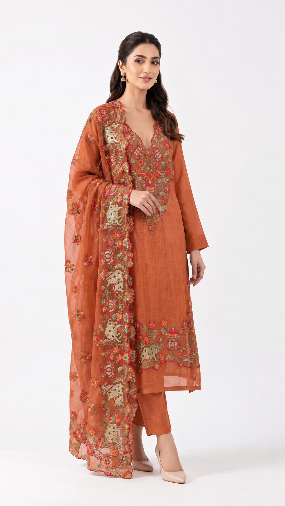 Rust Orange Elephant & Floral Embroidered Suit Set