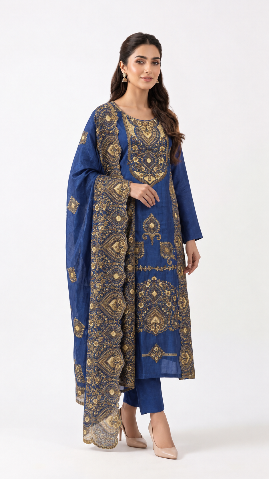 Royal Blue Paisley Embroidered Suit Set