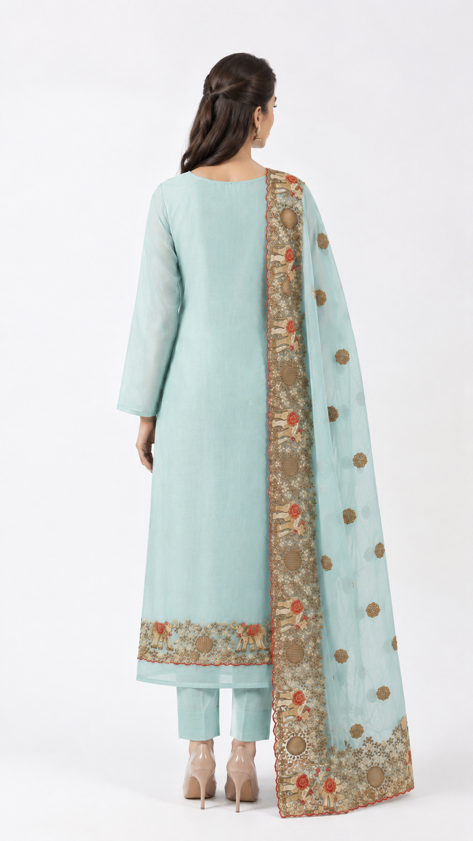 Powder Blue Elephant Motif Embroidered Suit Set