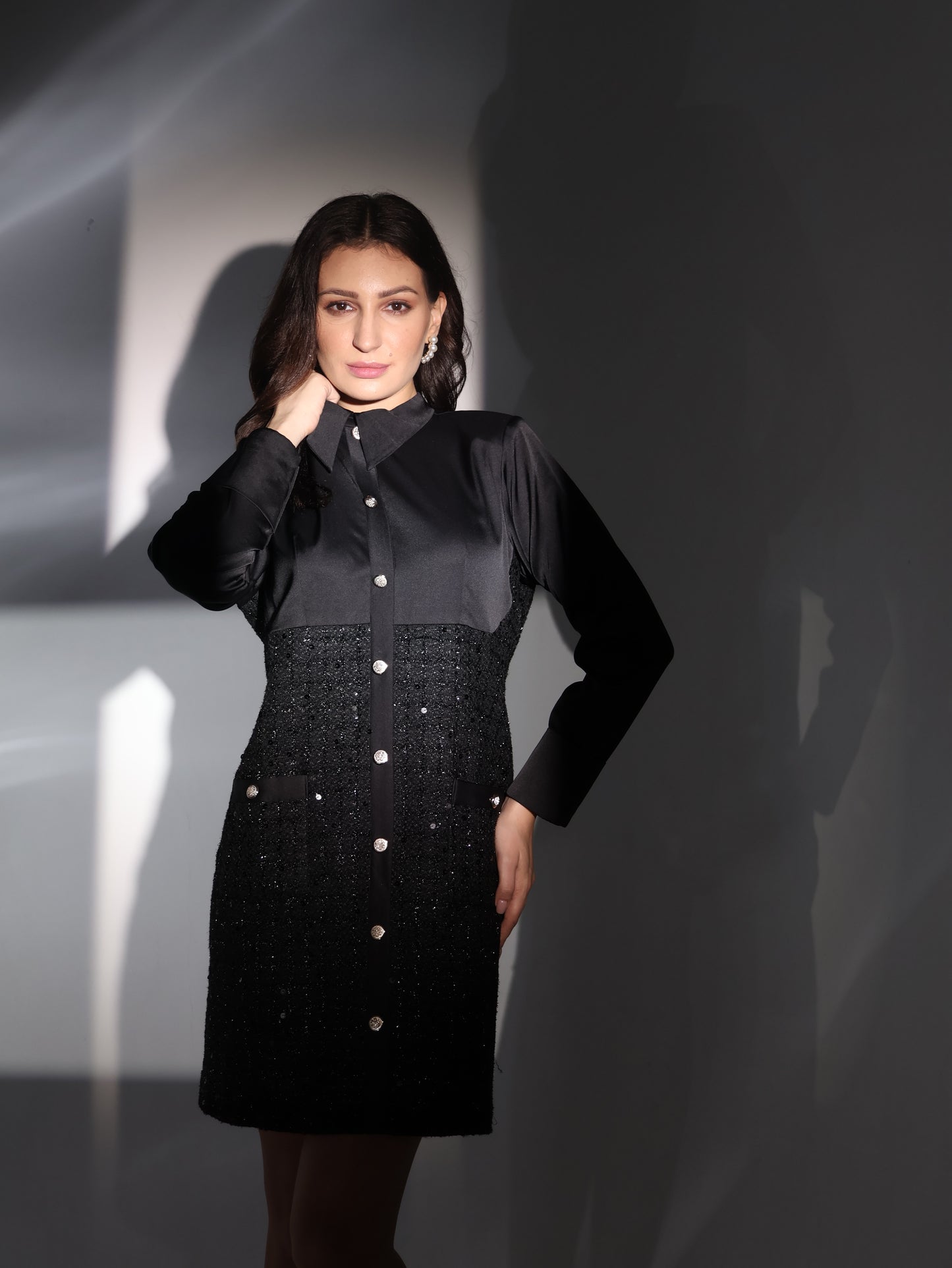 Noir Luxe Contrast Shirt Dress