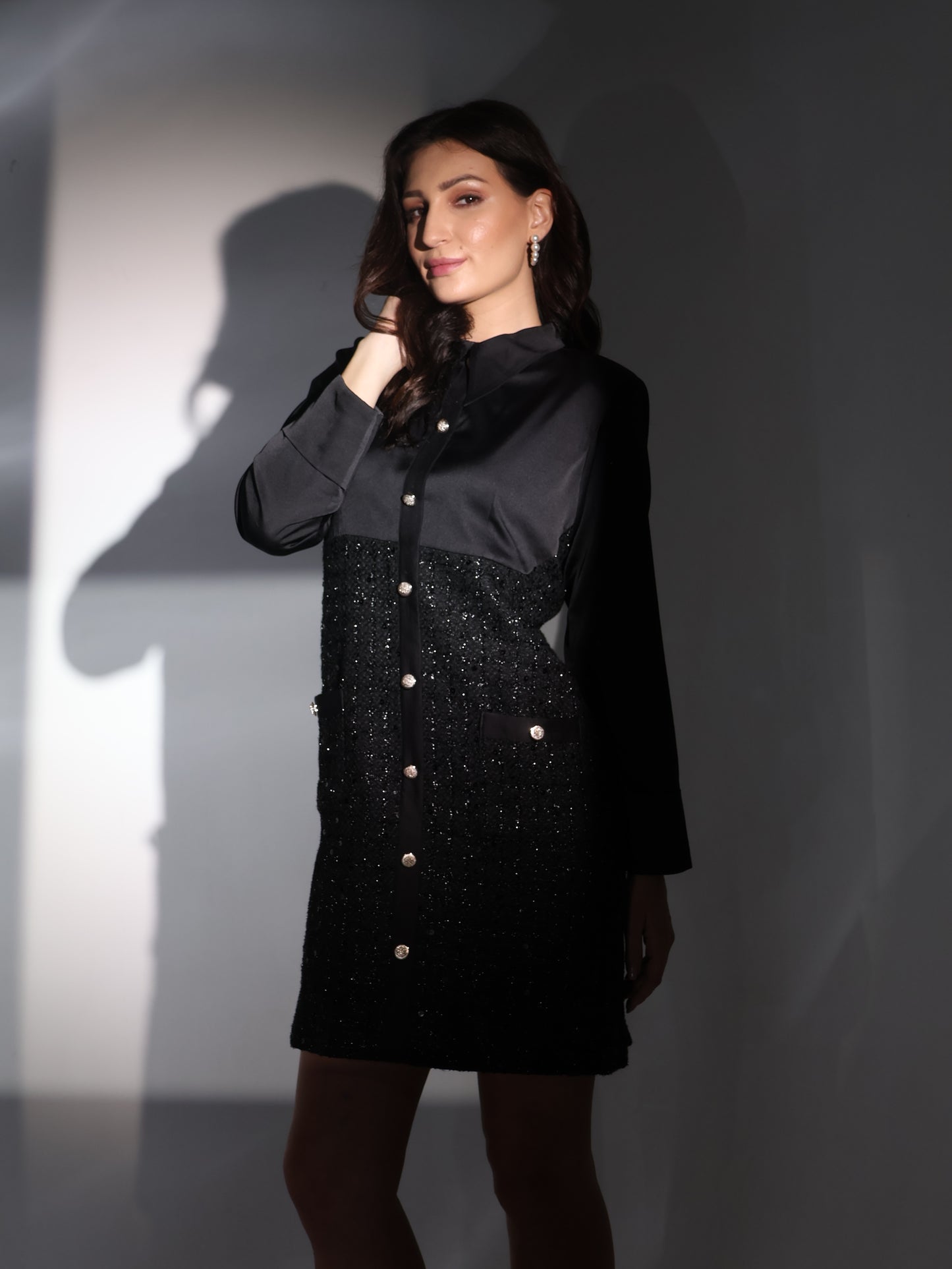 Noir Luxe Contrast Shirt Dress