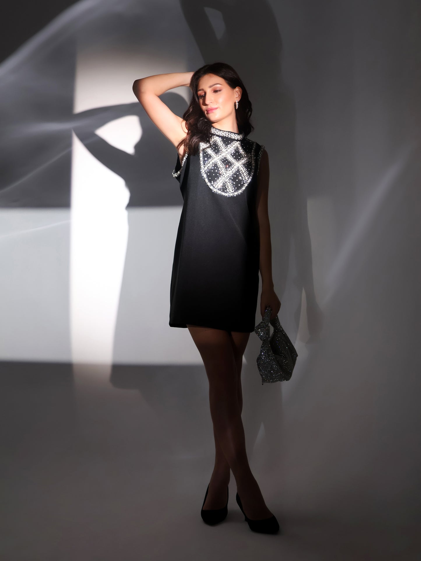 Black Sleeveless Dress with Stonework Detailing
