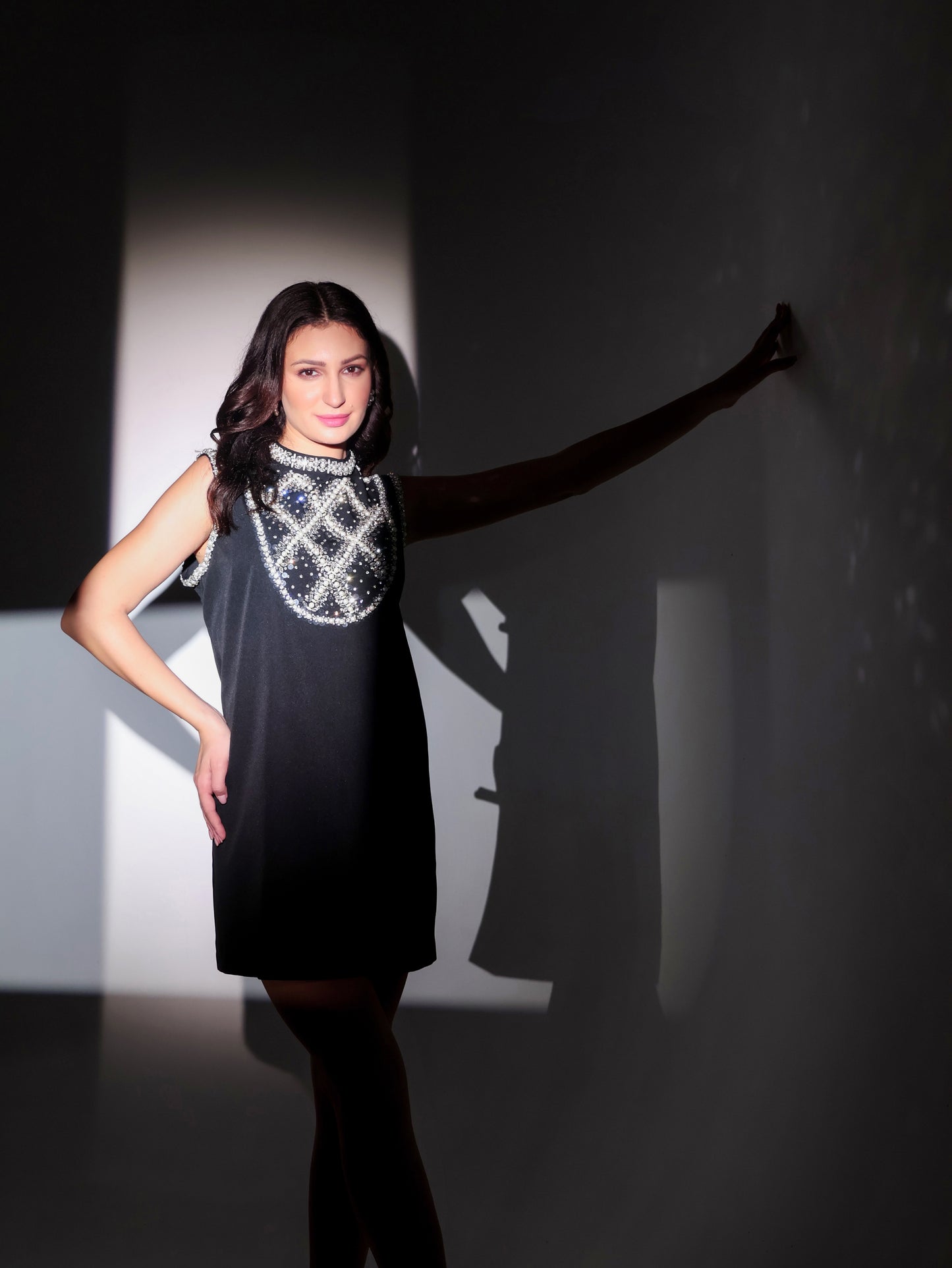 Black Sleeveless Dress with Stonework Detailing