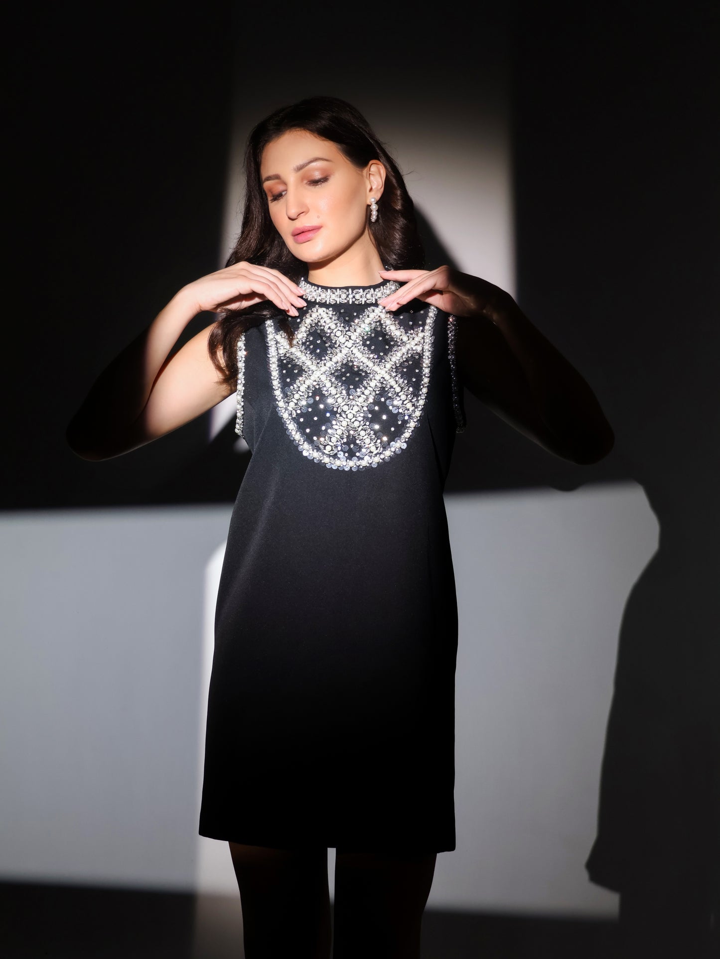 Black Sleeveless Dress with Stonework Detailing