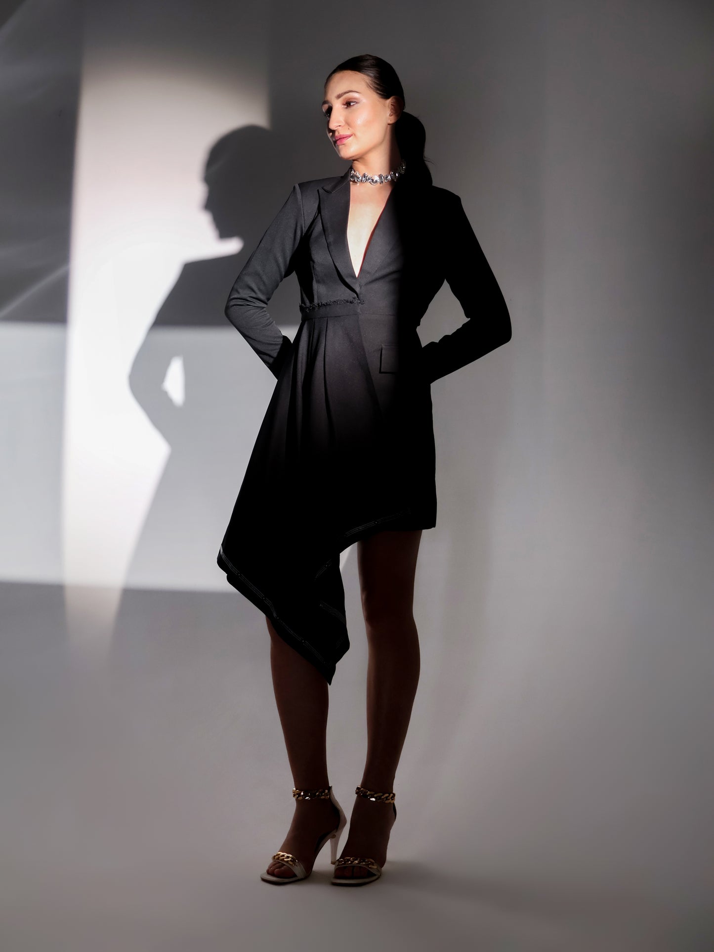 Plain Black Coat Dress with One-Side Long Drape and Silver Lining