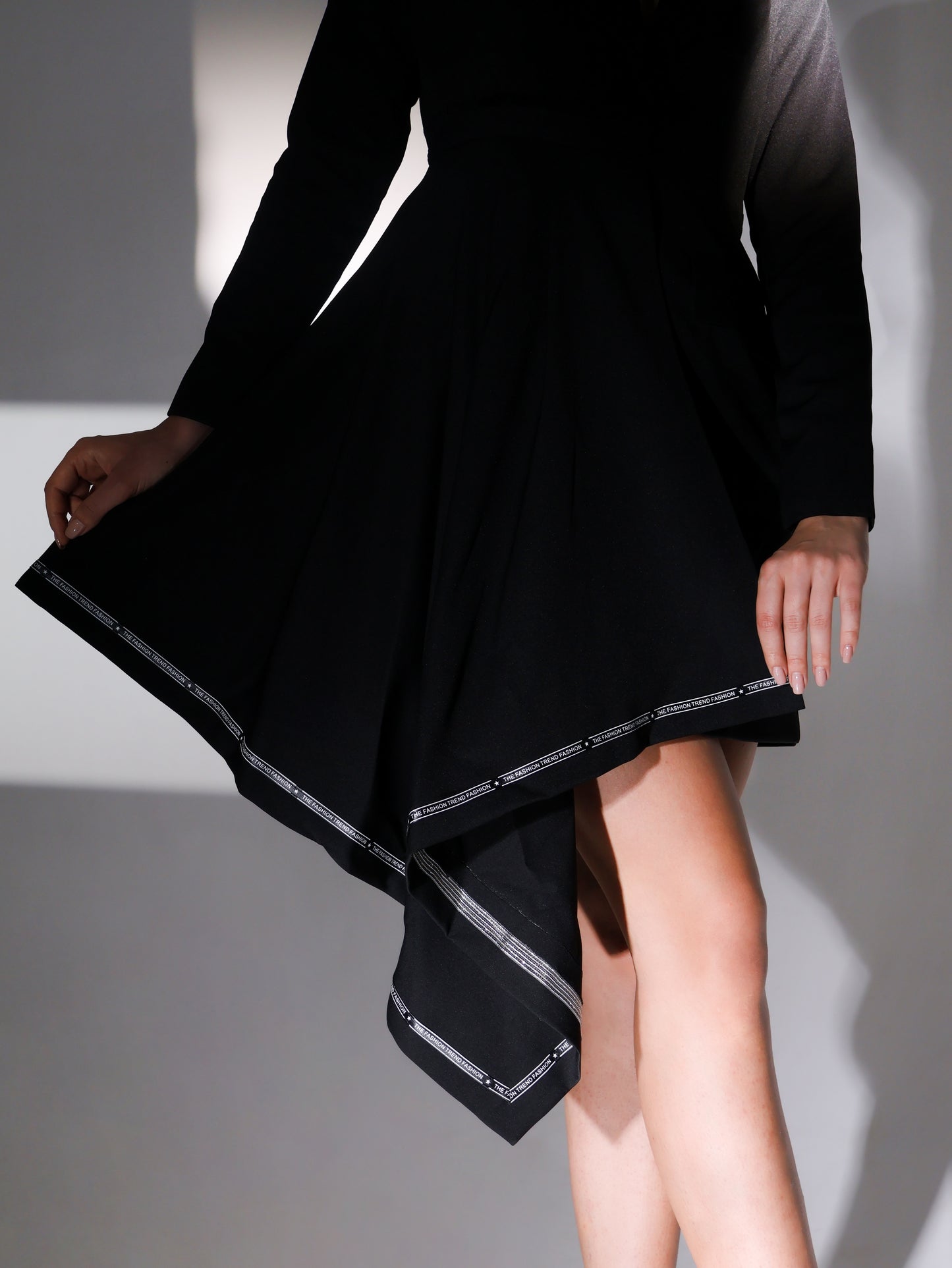 Plain Black Coat Dress with One-Side Long Drape and Silver Lining