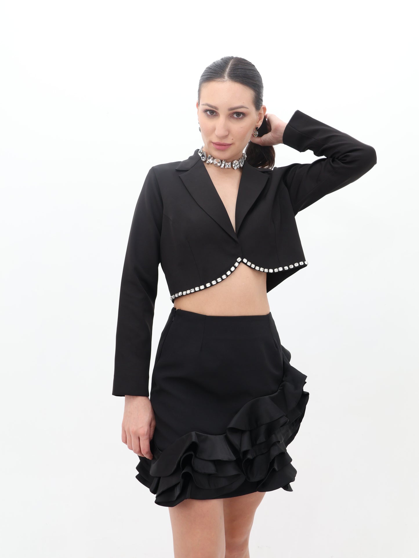 Midnight Swirl Black Ruffle Hem Mini Skirt