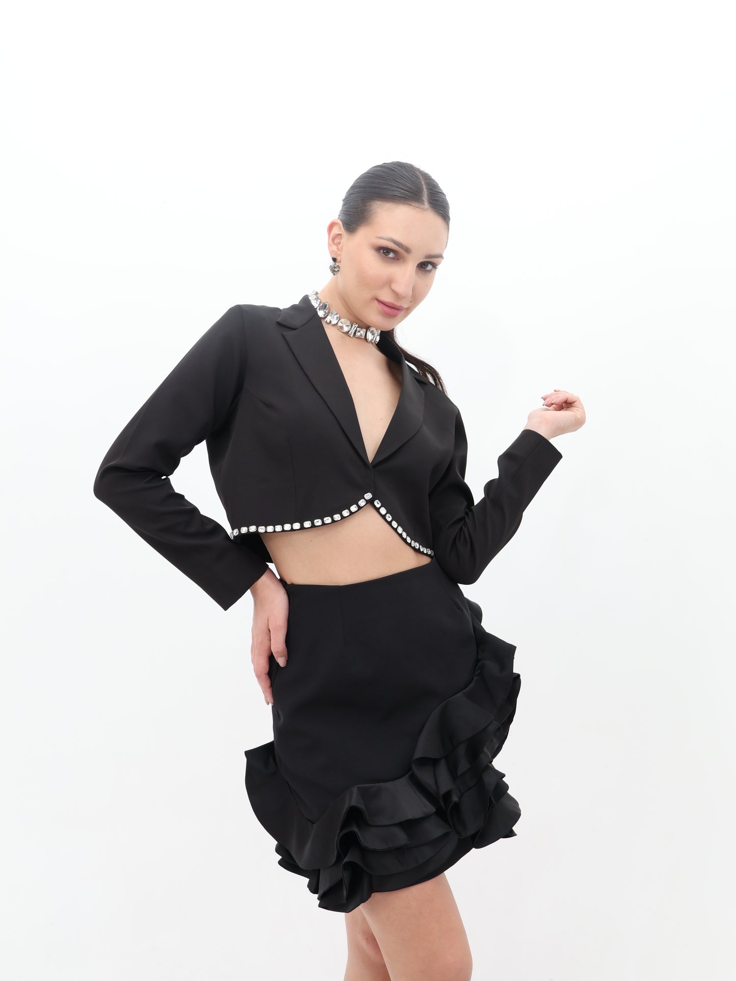 Midnight Swirl Black Ruffle Hem Mini Skirt
