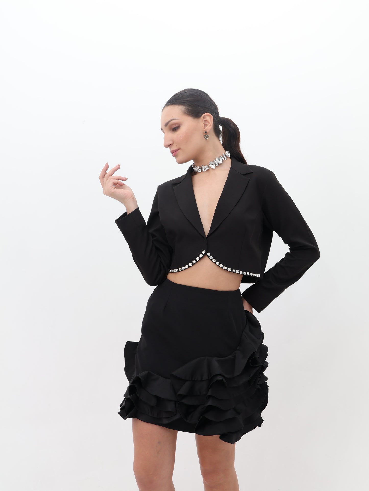 Midnight Swirl Black Ruffle Hem Mini Skirt