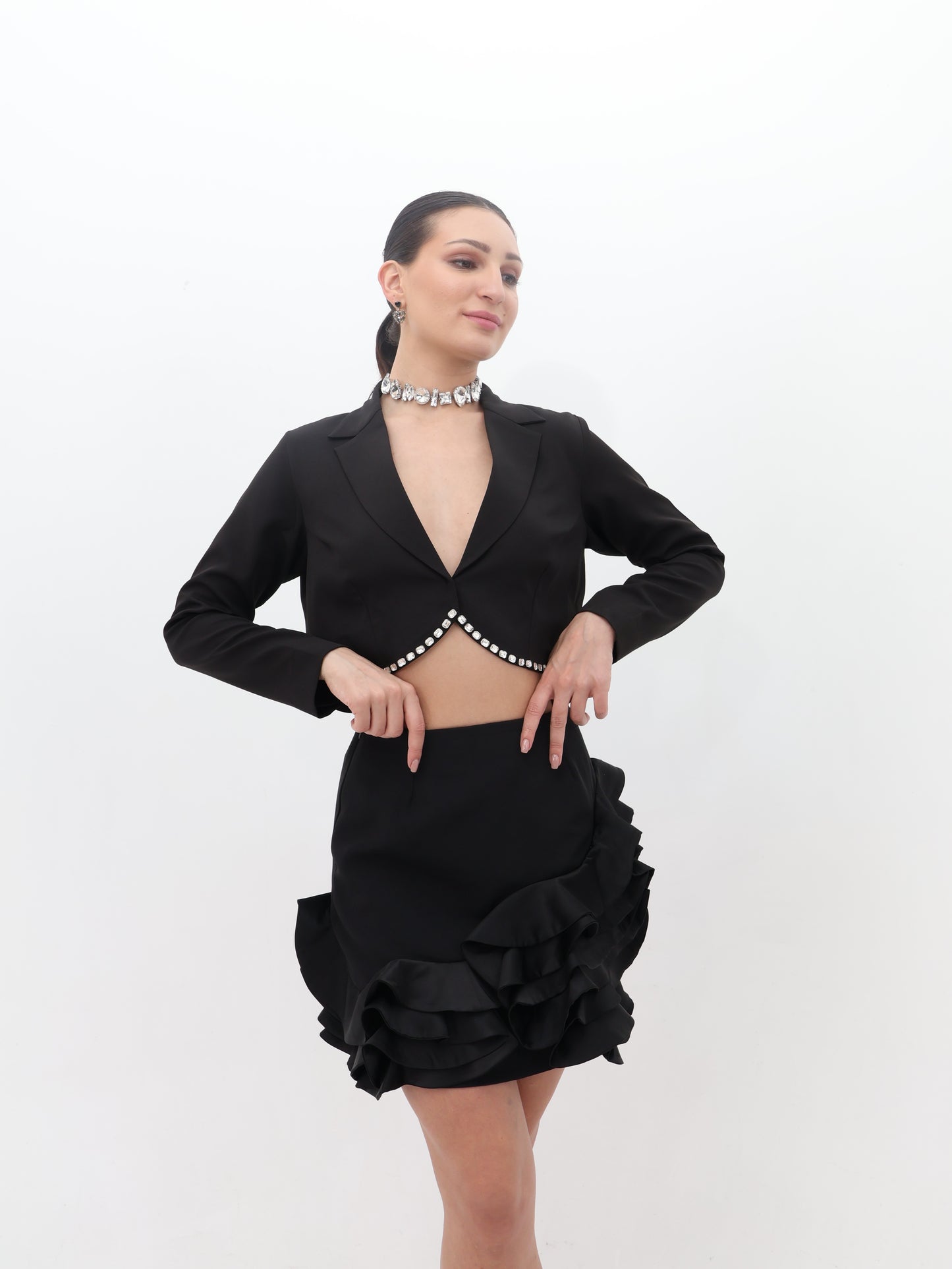 Midnight Swirl Black Ruffle Hem Mini Skirt