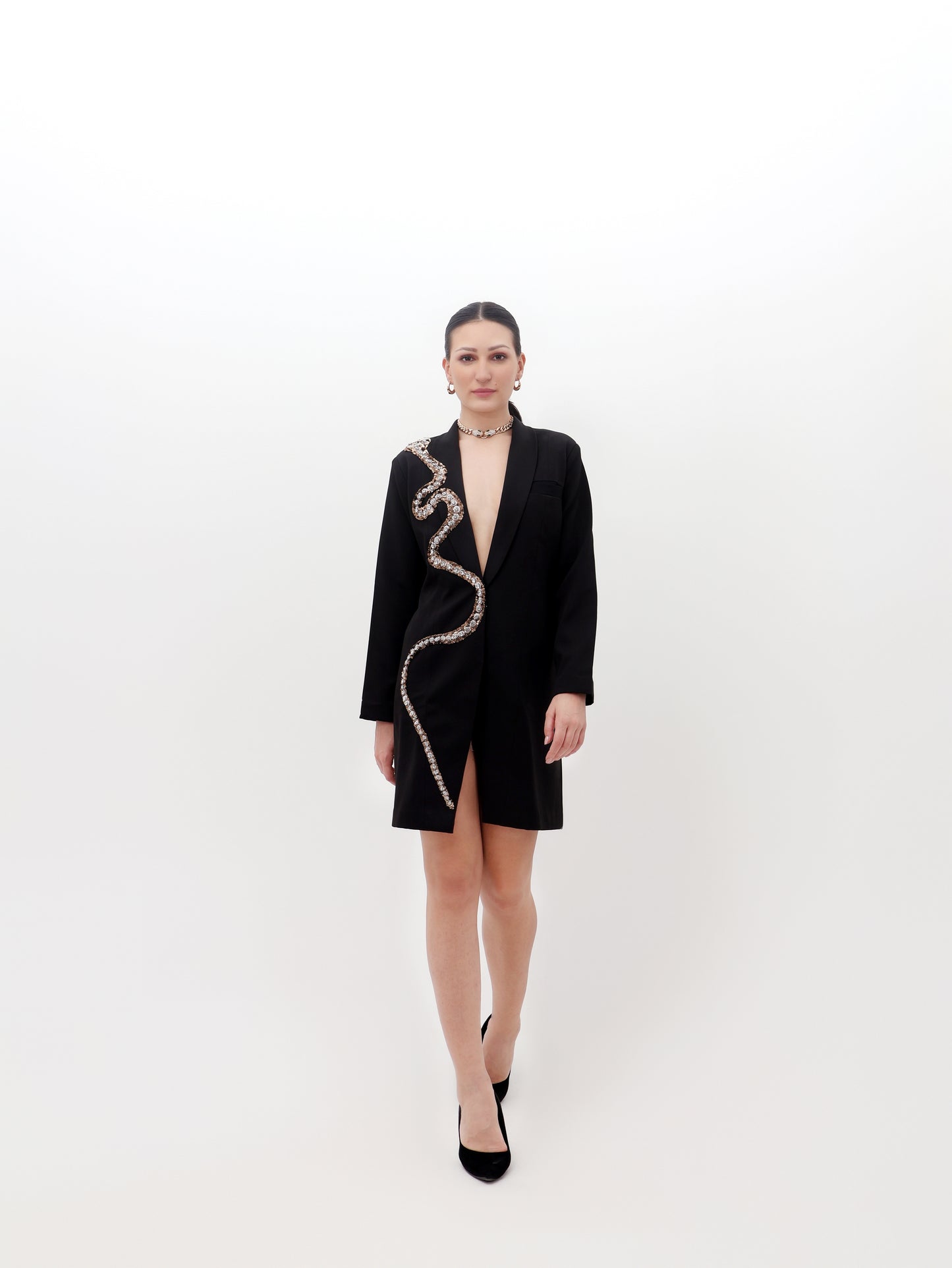 Black Coat Dress with Snake Stonework