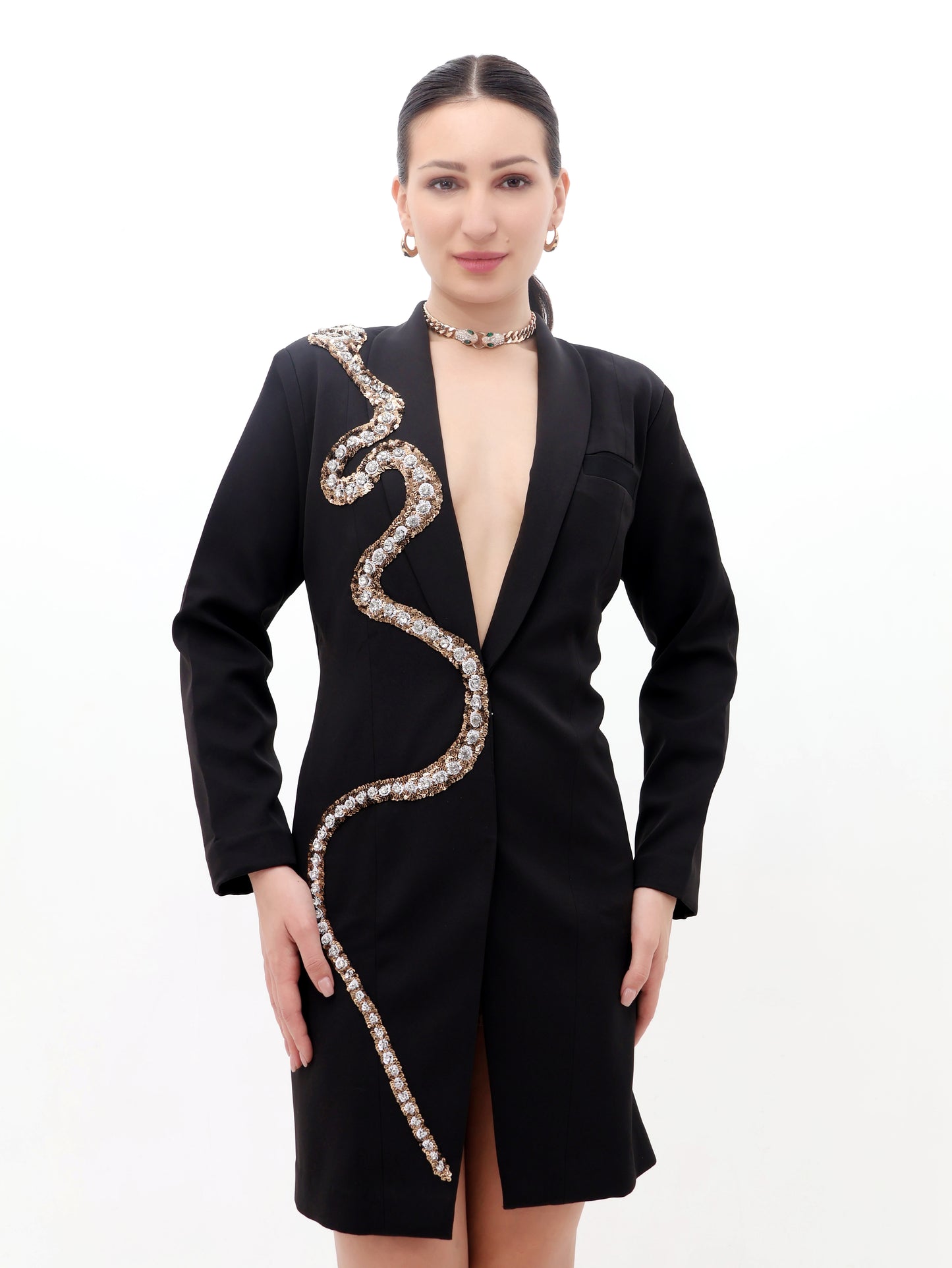 Black Coat Dress with Snake Stonework