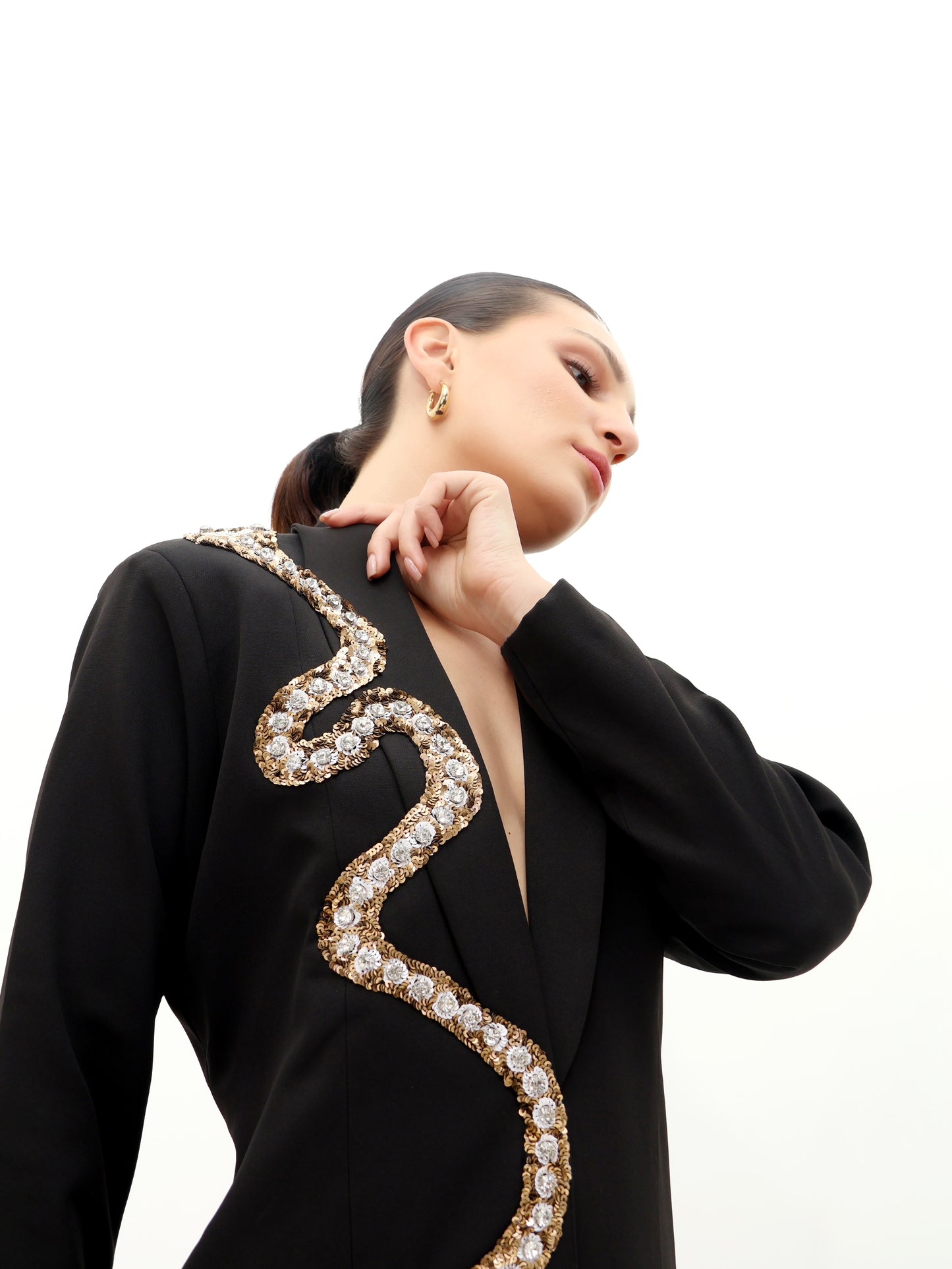 Black Coat Dress with Snake Stonework - NZB18