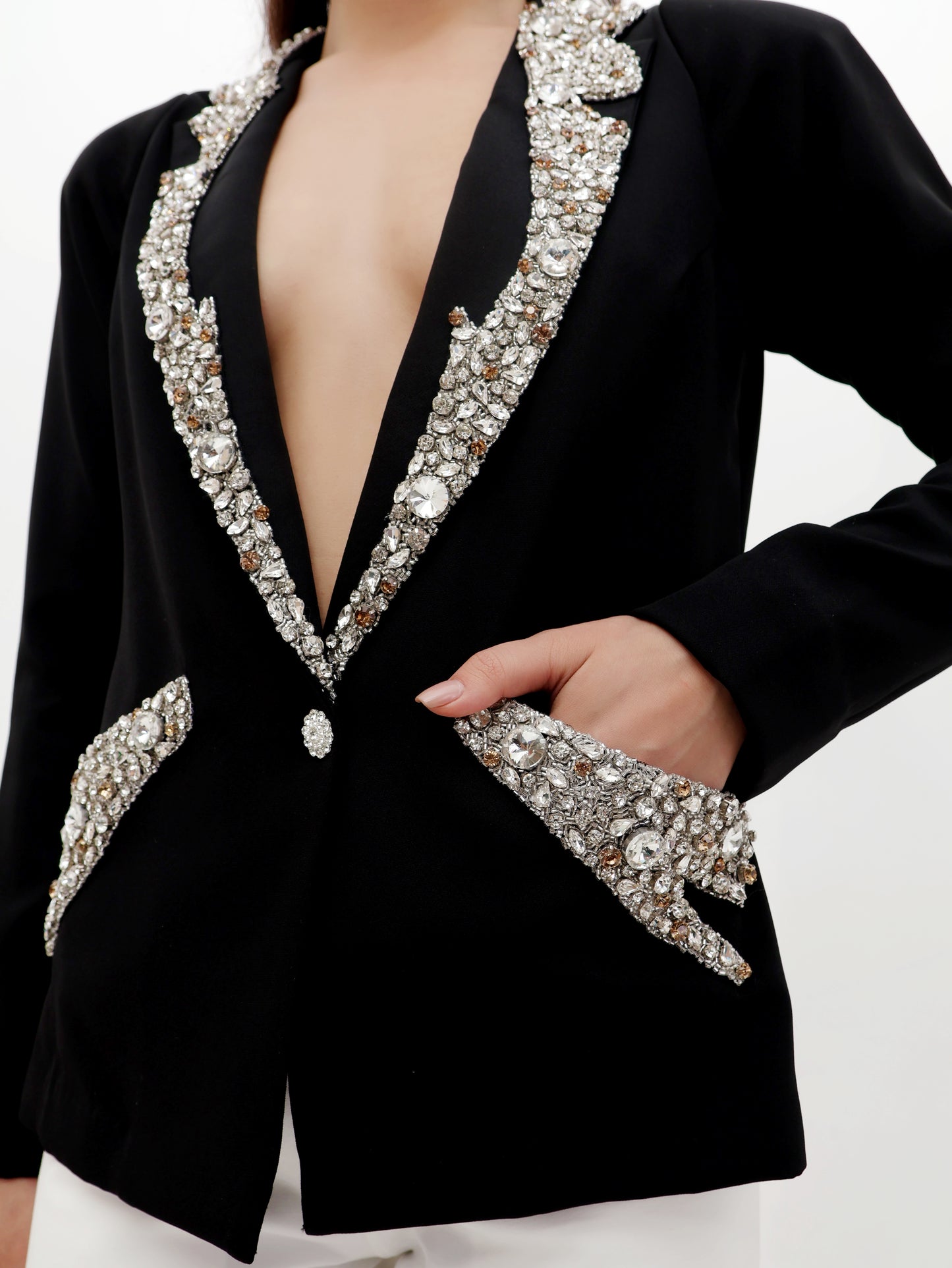 Black Deep Coat with Pearl Detailing