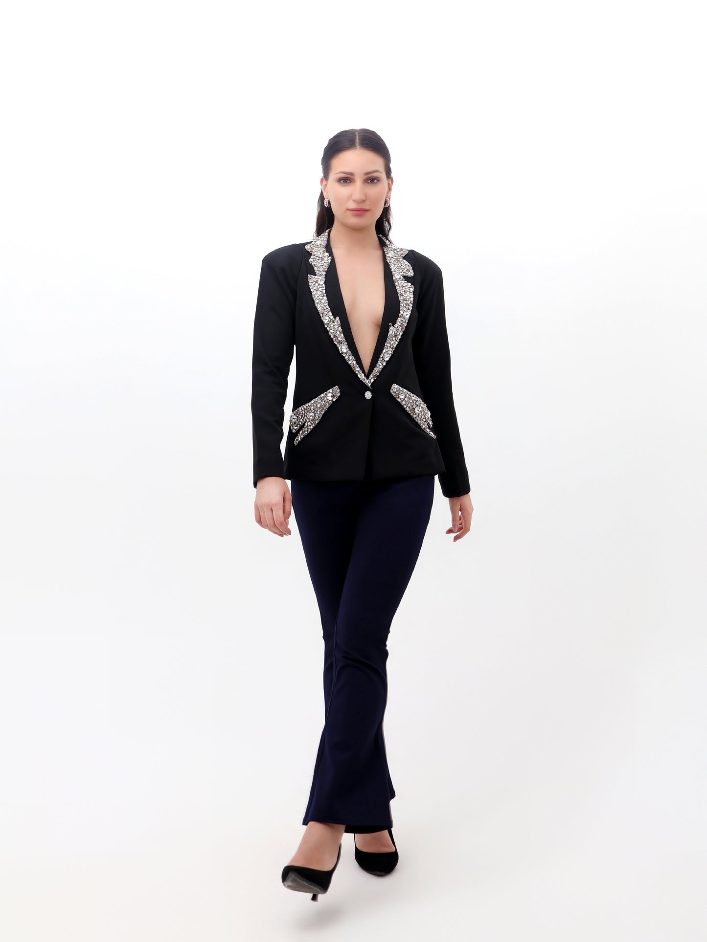 Black Deep Coat with Pearl Detailing