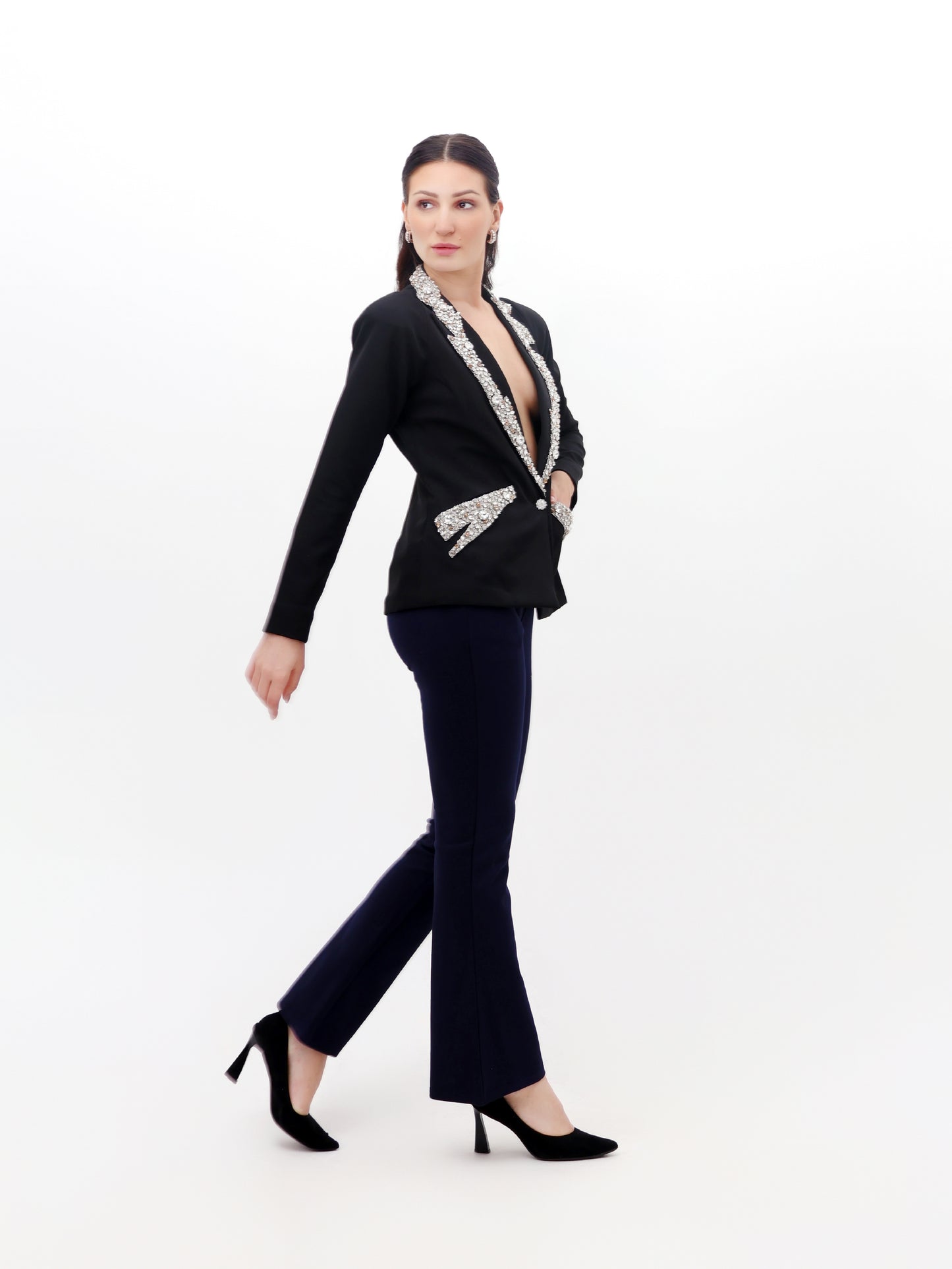 Black Deep Coat with Pearl Detailing - NZB01
